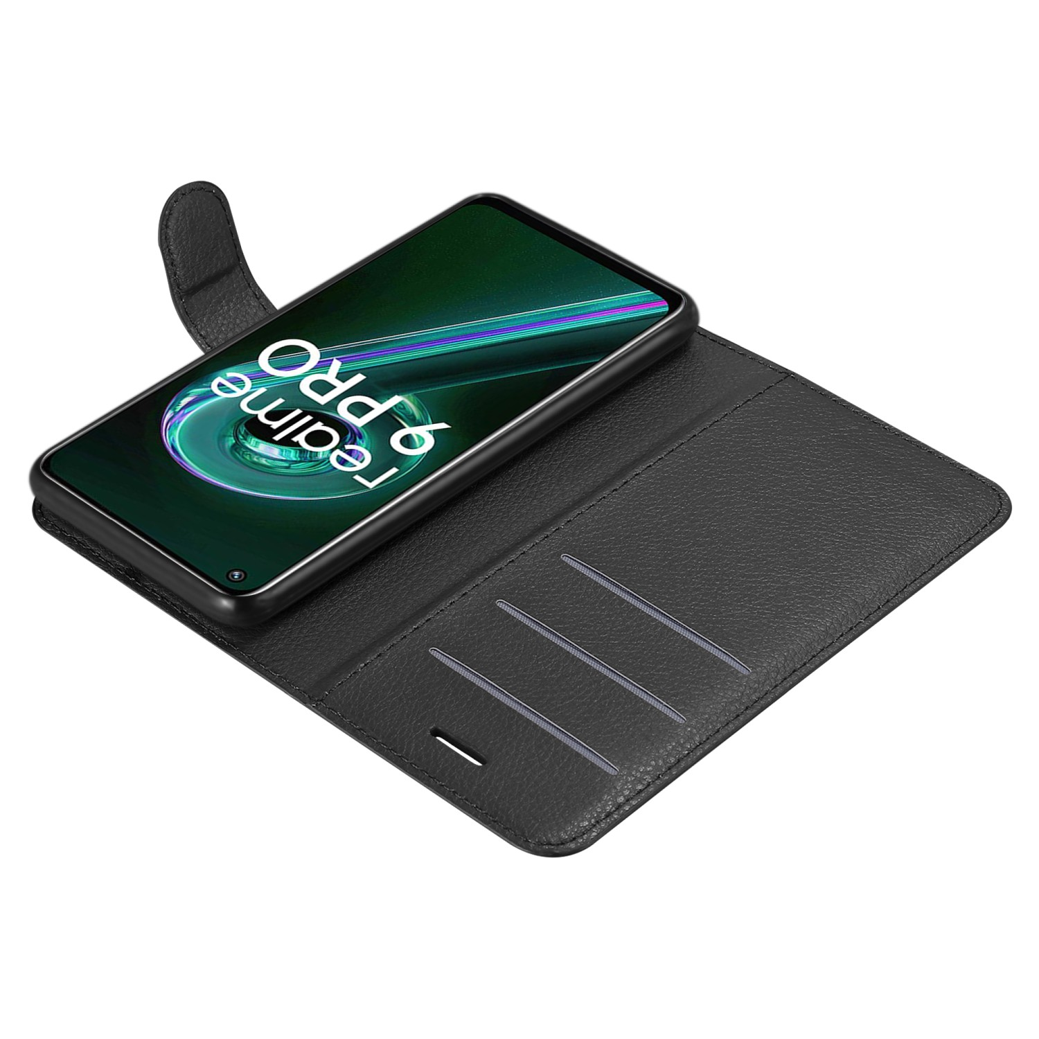 Custodia per telefono nera, aperta, con uno smartphone che mostra il logo Realme 9 Pro. L'interno ha fessure per carte.