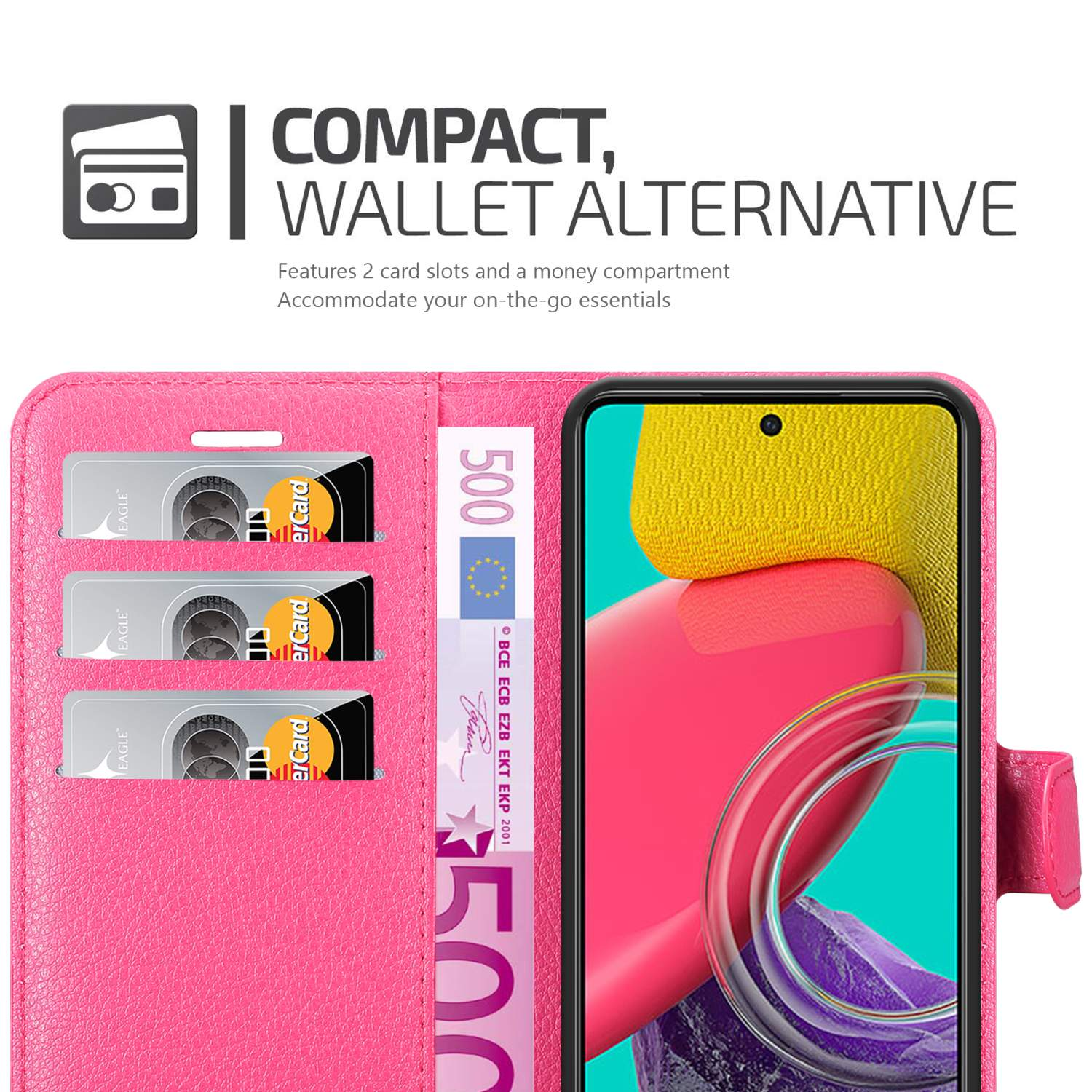 Custodia per telefono rosa aperta, che mostra un telefono con schermo acceso e carte. Interno rosa.