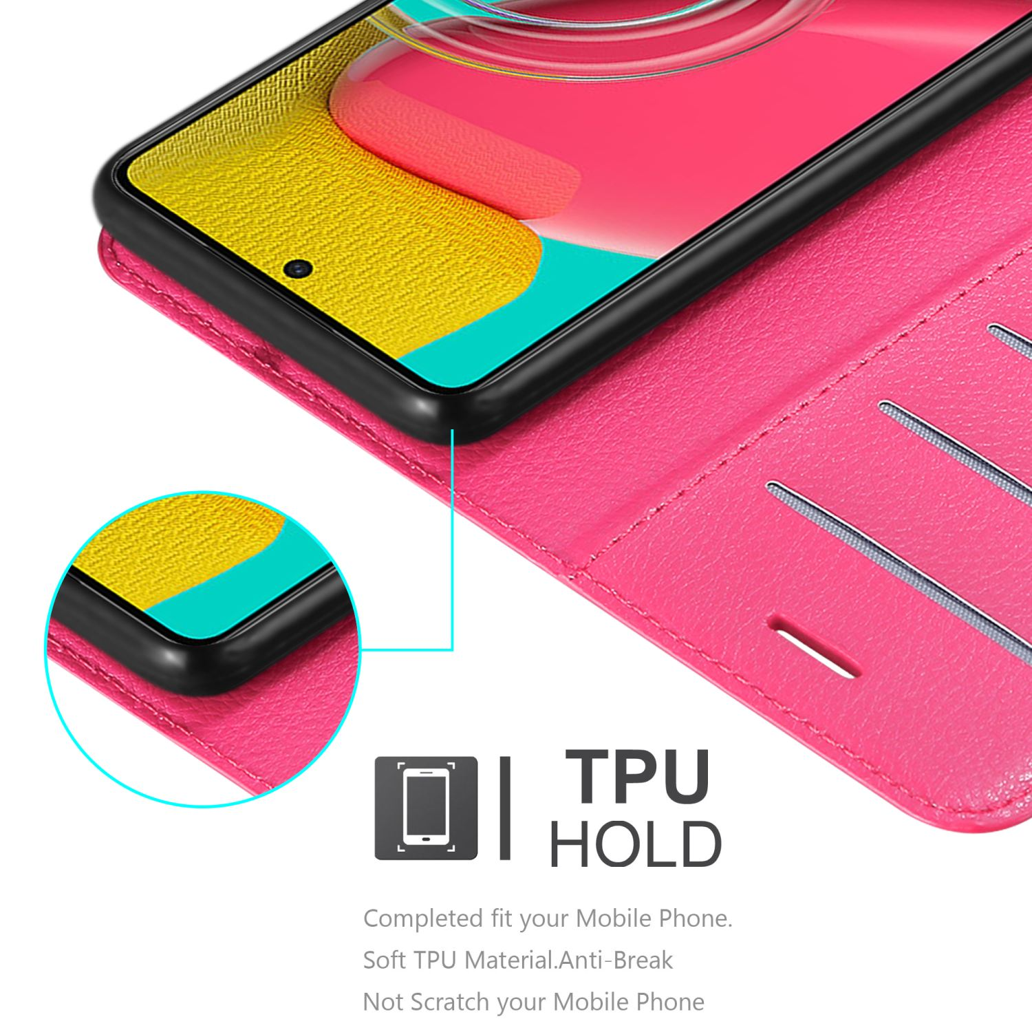 Custodia rosa aperta con un telefono all'interno. Testo: 'TPU HOLD'. Materiale TPU morbido, anti-rottura, antigraffio.