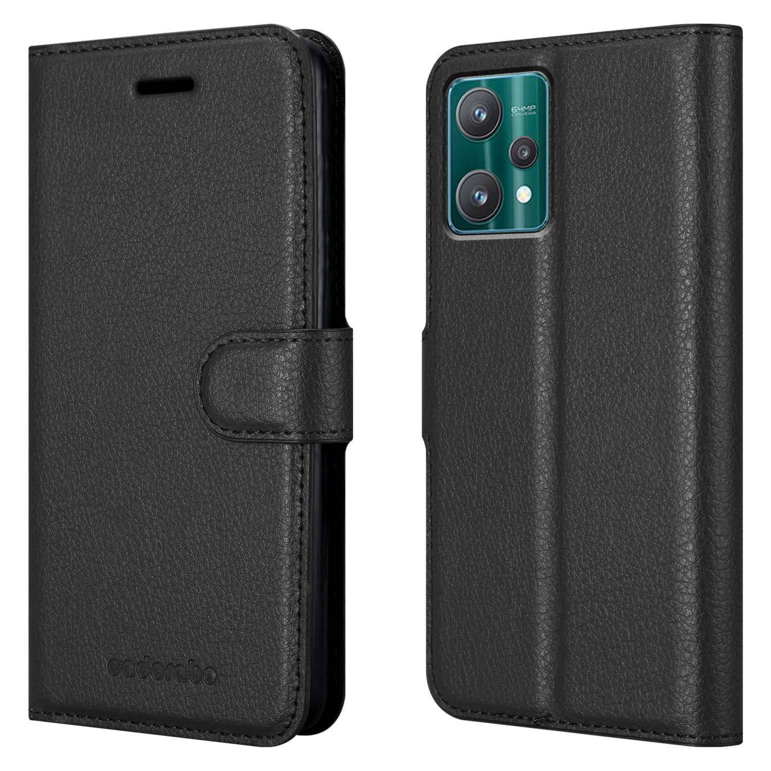 Custodia nera per telefono, aperta, con un telefono all'interno. La custodia ha una chiusura e contiene una fotocamera.