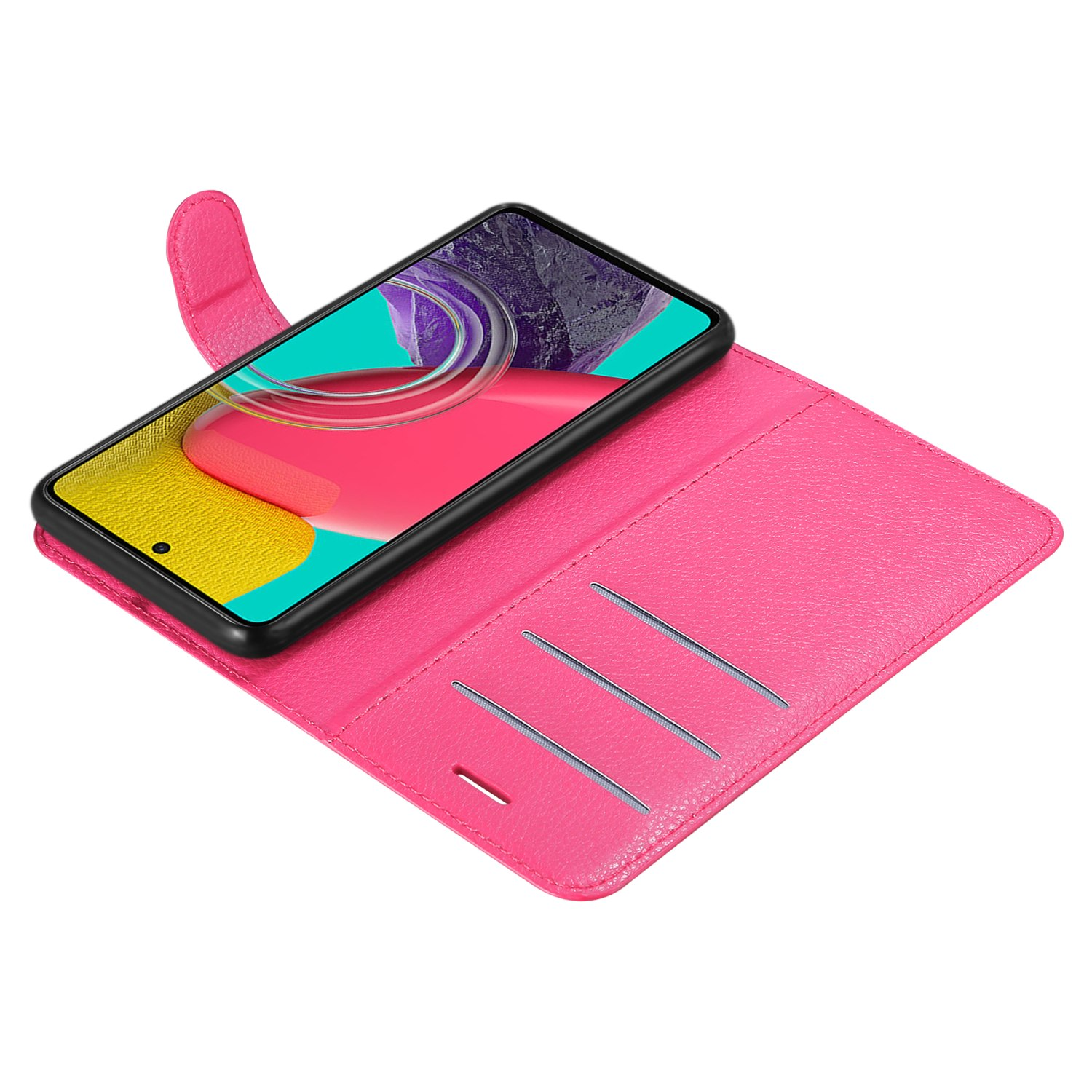 Custodia per telefono rosa aperta con telefono dentro. Tre fessure per carte visibili. Sfondo bianco.