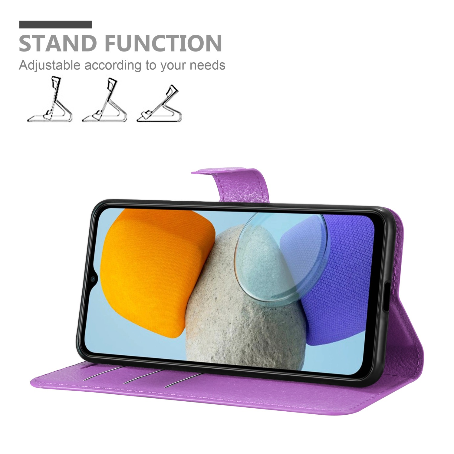 Custodia viola con telefono all'interno, con schermo colorato. Funzione stand mostrata.