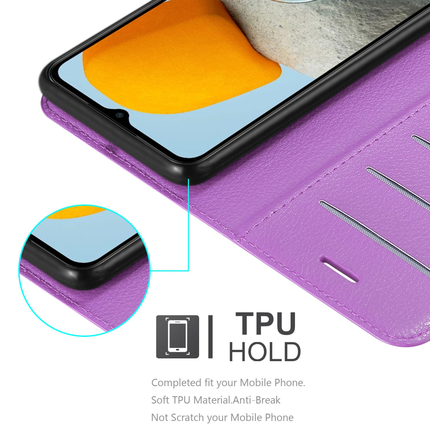 Custodia per telefono viola aperta, che mostra lo schermo. L'interno ha fessure per carte.