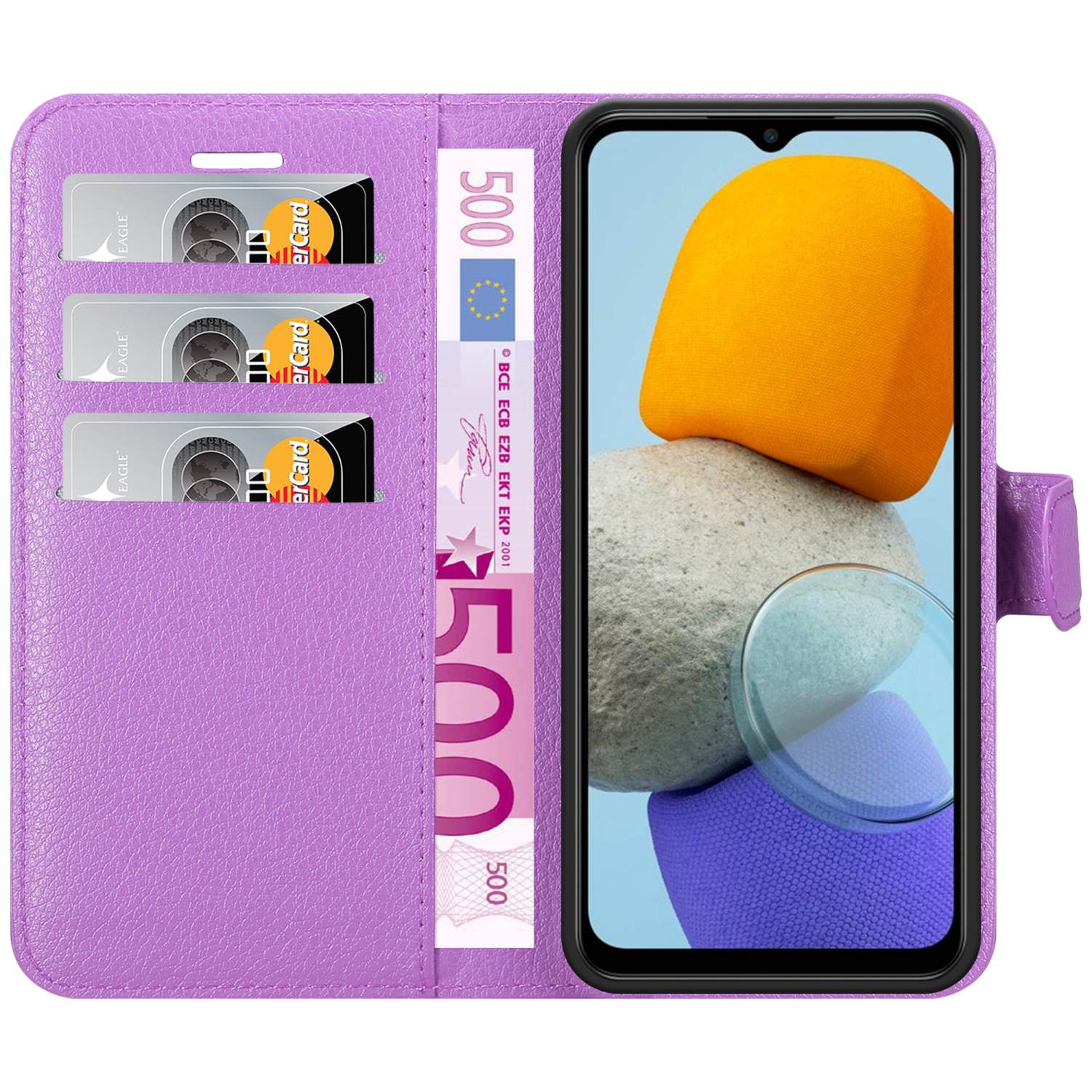 Custodia viola con telefono, denaro e carte. Design a portafoglio.
