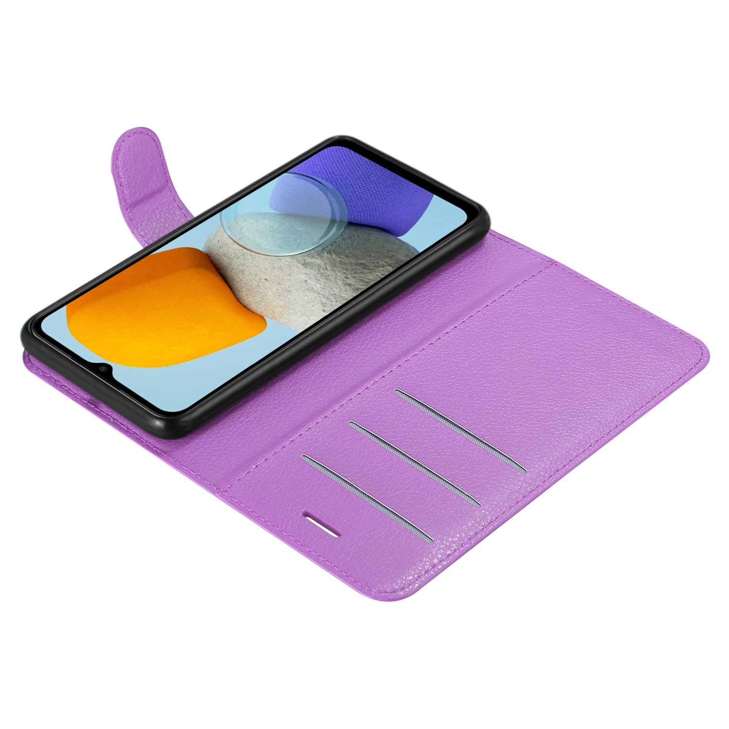 Custodia per telefono viola con telefono all'interno, che mostra lo schermo e fessure per carte visibili.