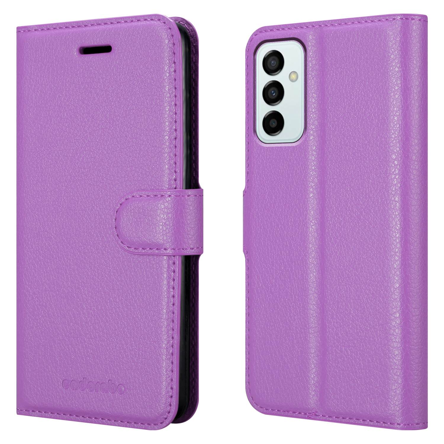 Custodia per telefono viola, aperta, che mostra il telefono all'interno. La custodia ha una chiusura. Fotocamera del telefono e marchio visibili.