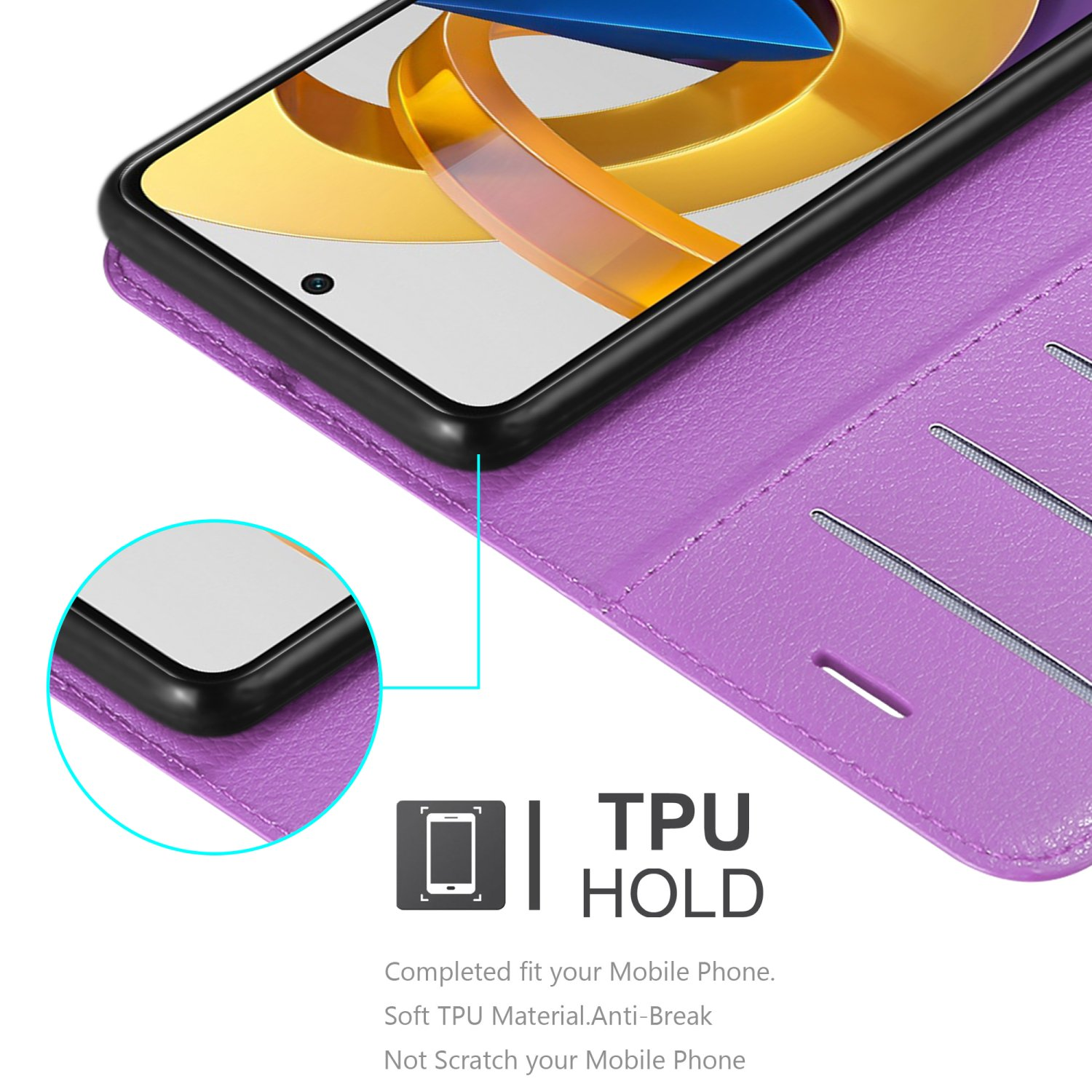 Una custodia per telefono viola con un telefono nero all'interno. È visibile un logo.