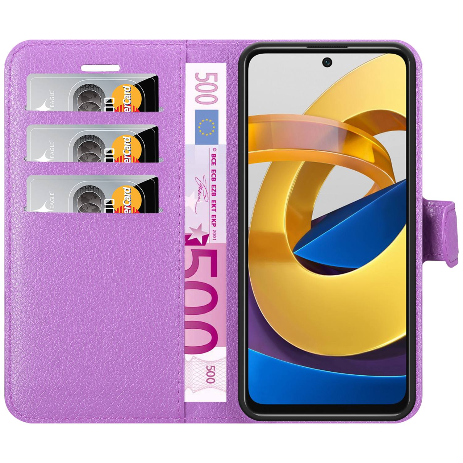 Custodia viola per telefono, aperta, con telefono all'interno. Carte di credito e denaro all'interno. Testo: Compatto, Portafoglio.