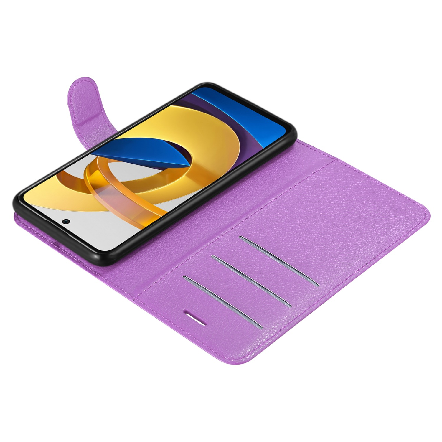 Custodia viola aperta con un telefono nero all'interno. La custodia ha fessure per carte. Sfondo bianco.