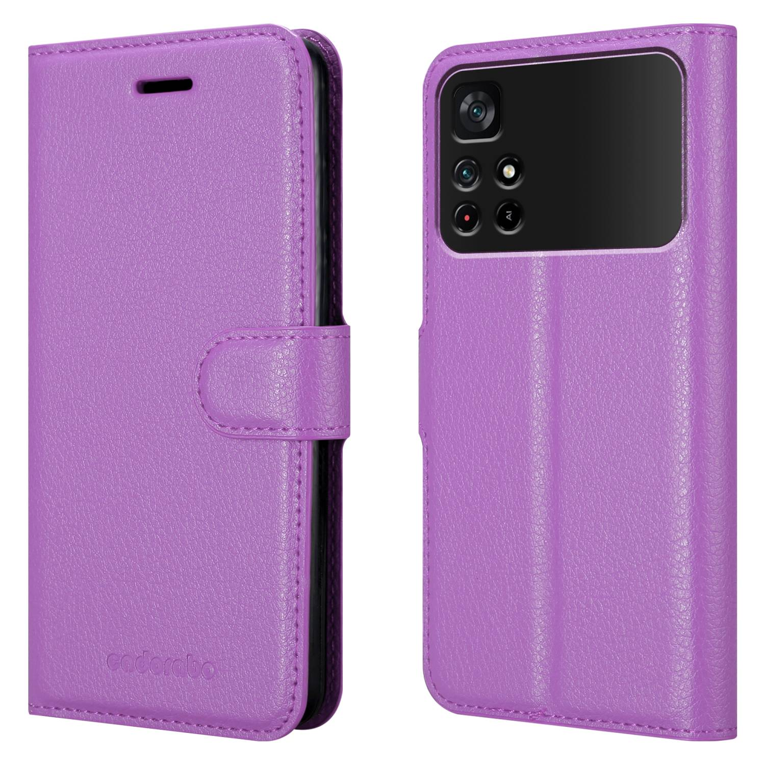 Custodia per telefono viola, chiusa e aperta, che mostra il telefono.