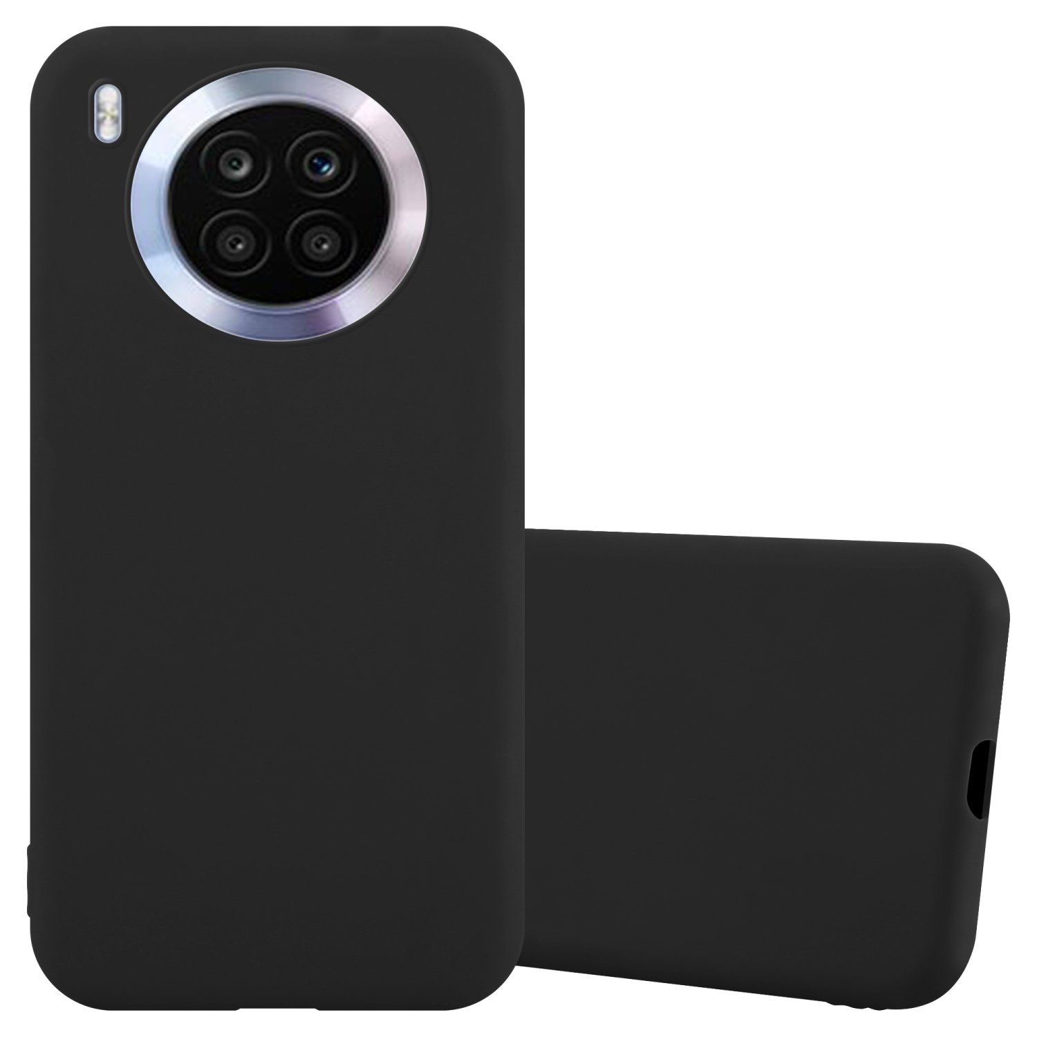 Custodia nera con telefono nero. Il telefono ha un anello per la fotocamera. La custodia ha un foro per la fotocamera.