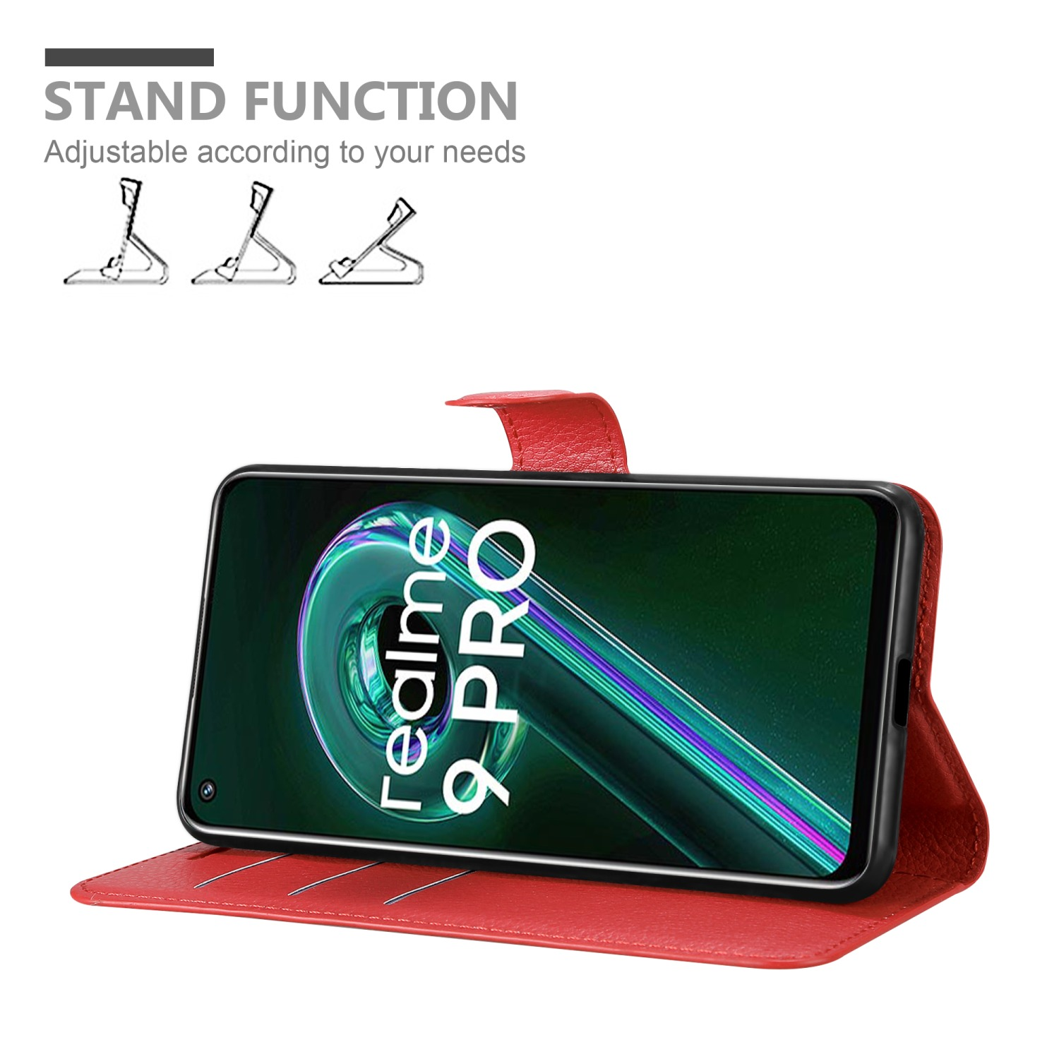 Custodia rossa con telefono. Lo schermo mostra 'realme 9 PRO'.