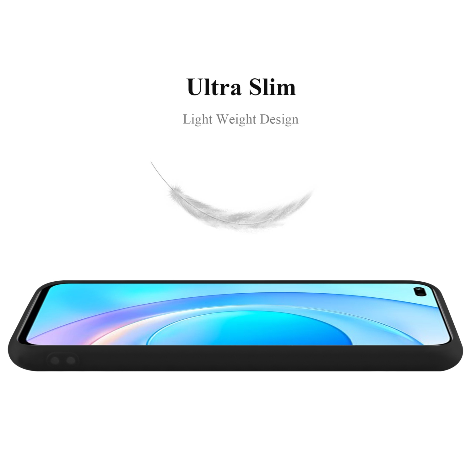 Custodia nera su superficie bianca. Testo: Ultra Slim, Light Weight Design. Una piuma fluttua sopra il telefono.