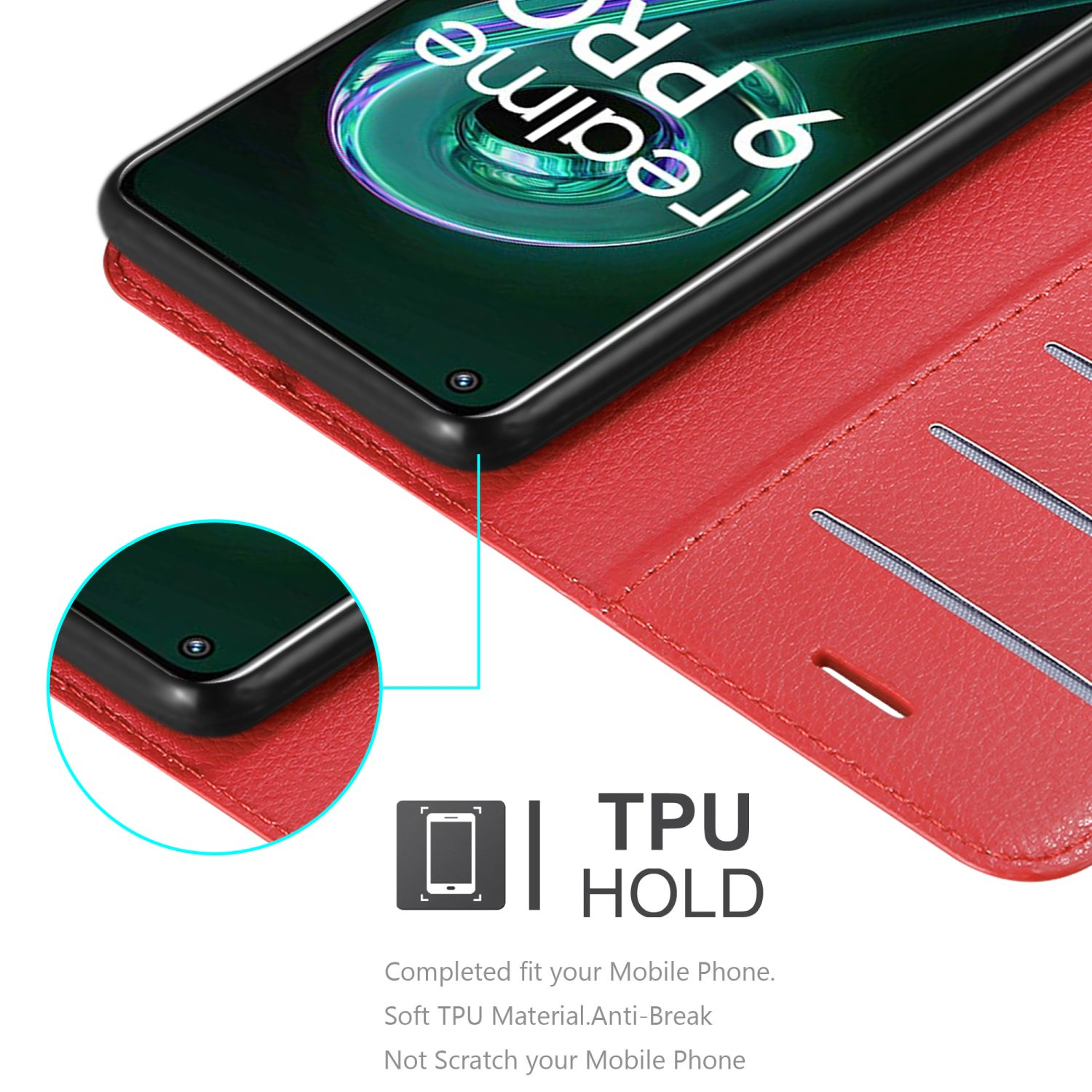 Custodia rossa per telefono con telefono. Dettagli: TPU HOLD. Testo: Anti-Rottura, Non graffia il telefono.