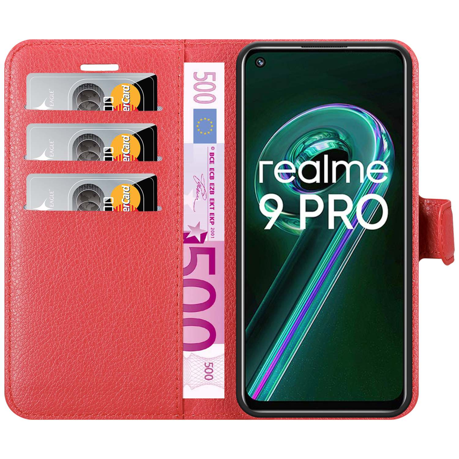 Custodia a portafoglio rossa con telefono, carte e banconota da 500 €. Realme 9 Pro.