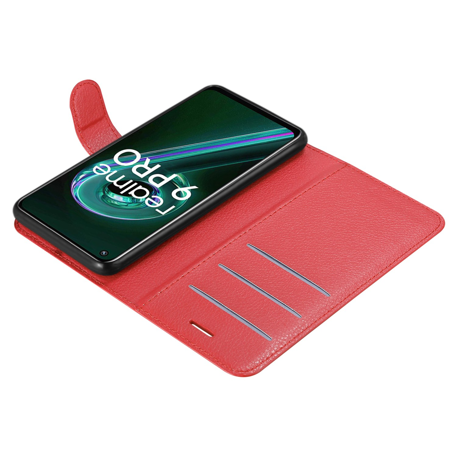 Custodia per telefono rossa con telefono all'interno, il telefono mostra 'realme 9 PRO'.
