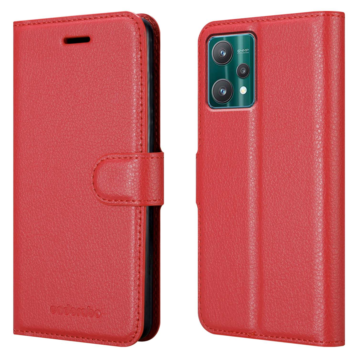 Custodia per telefono rossa, aperta e chiusa. Mostra il retro di un telefono. La custodia ha una chiusura magnetica. Marchio: cadorabo.