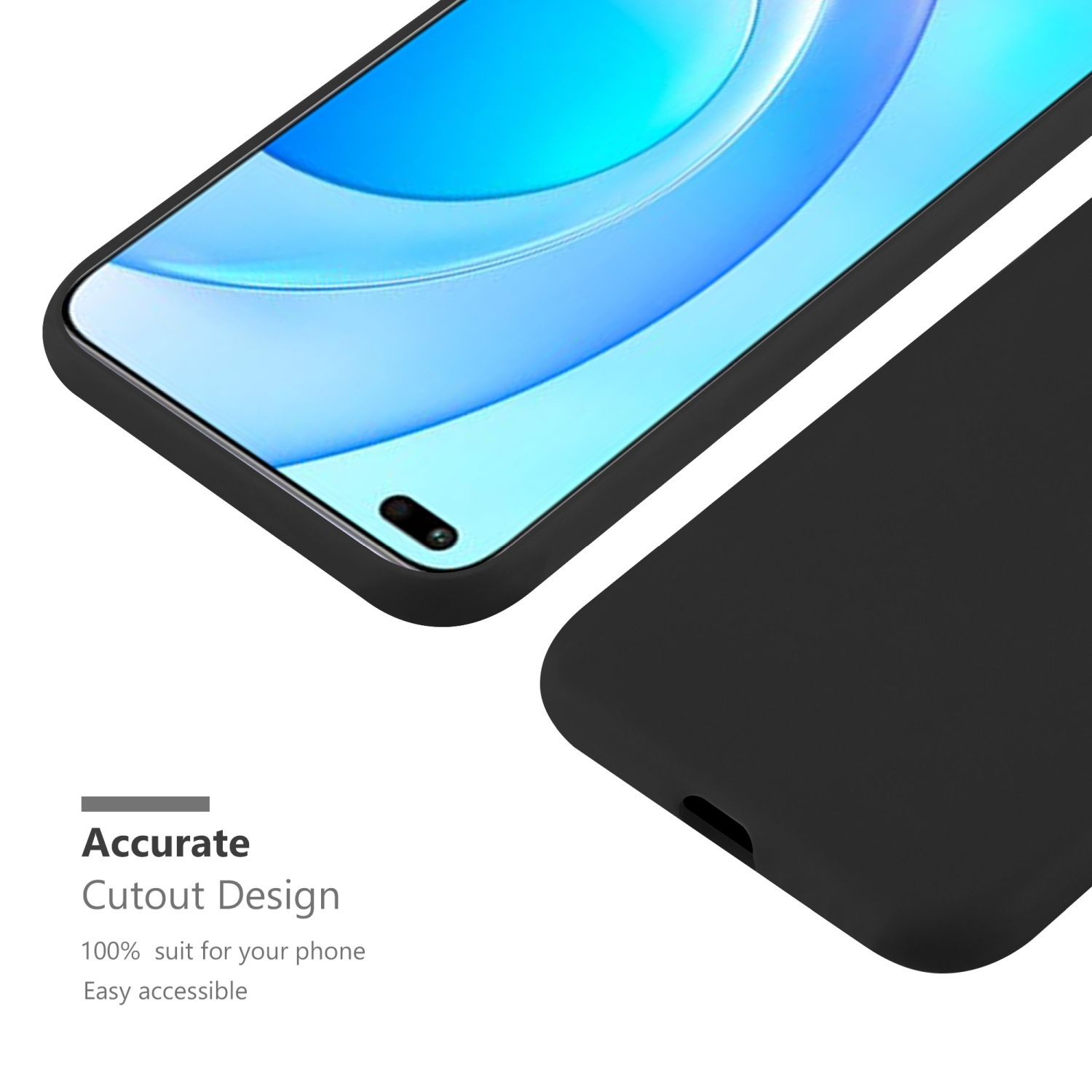 Custodia nera per telefono, primo piano dell'angolo del telefono. Testo della custodia: Design preciso.