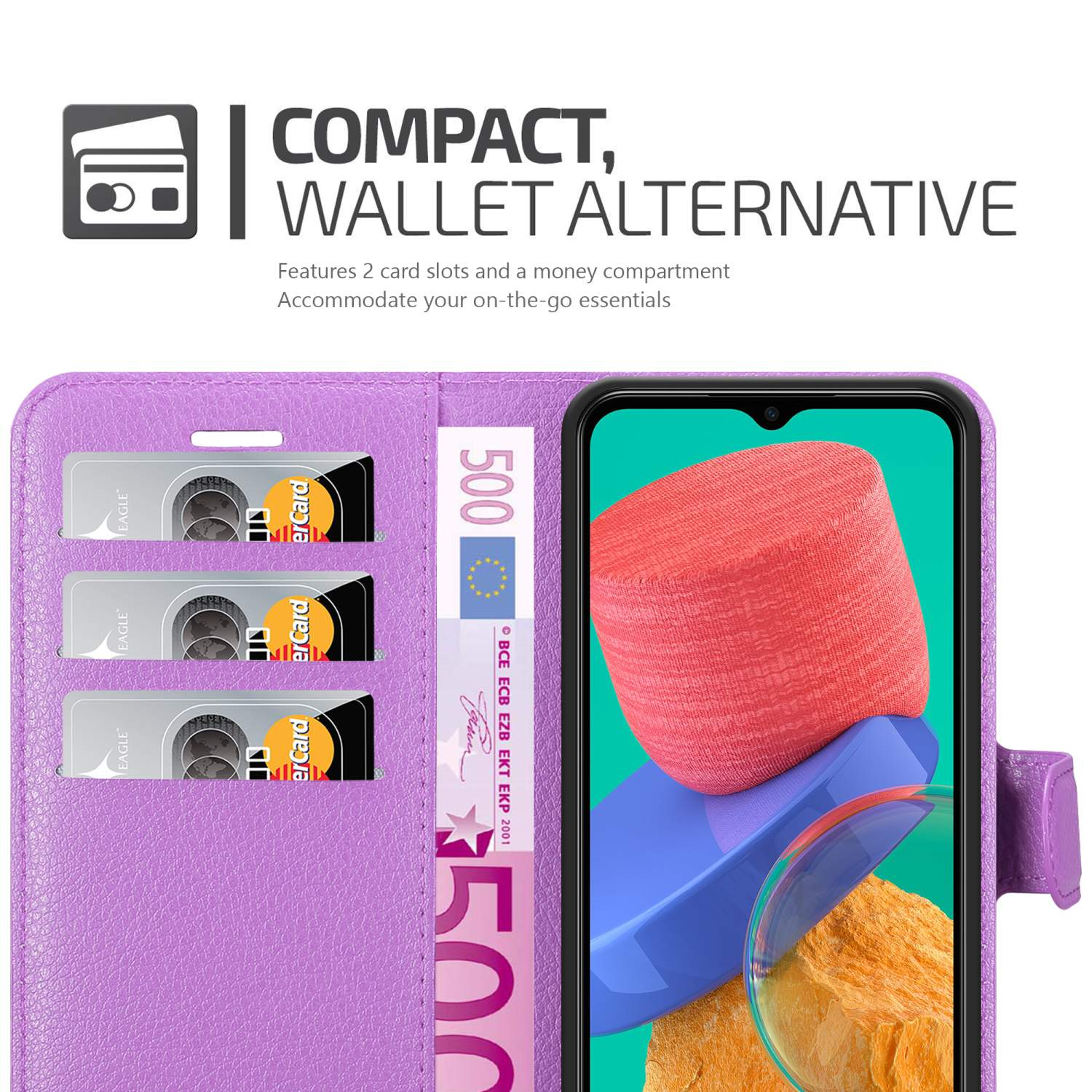 Una custodia per telefono viola aperta, con carte e denaro visibili. Lo schermo del telefono è visibile.