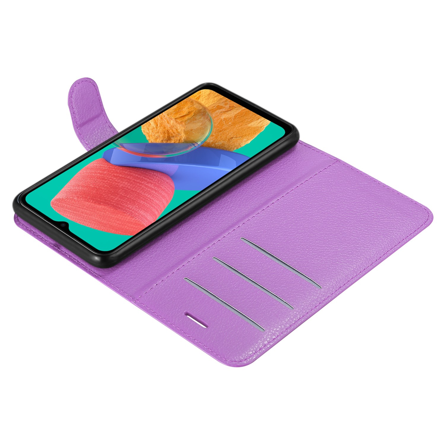 Una custodia per telefono viola è aperta, con un telefono all'interno. Il telefono mostra un'immagine.