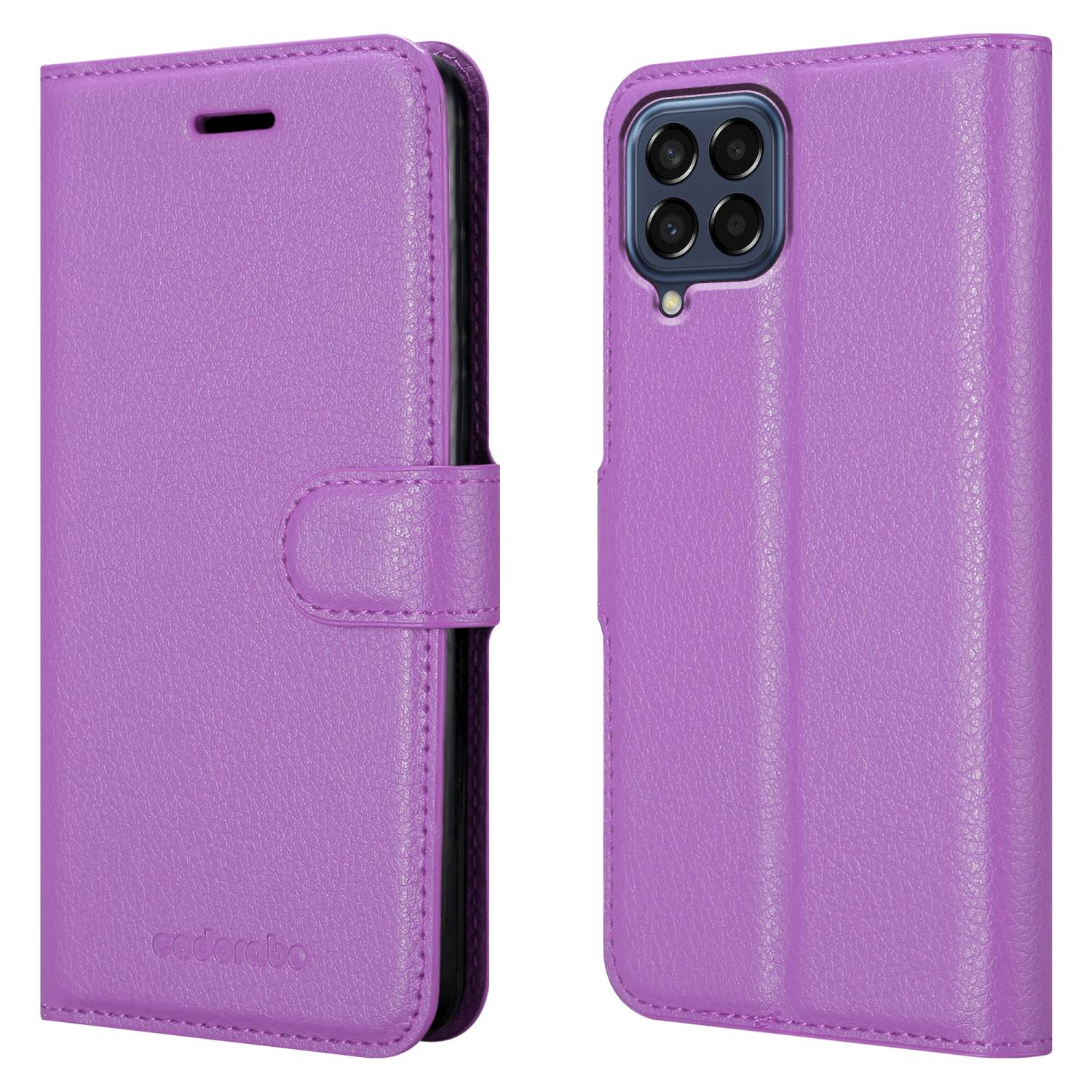 Custodia per telefono viola, chiusa e aperta. La custodia è in pelle e ha una chiusura magnetica.
