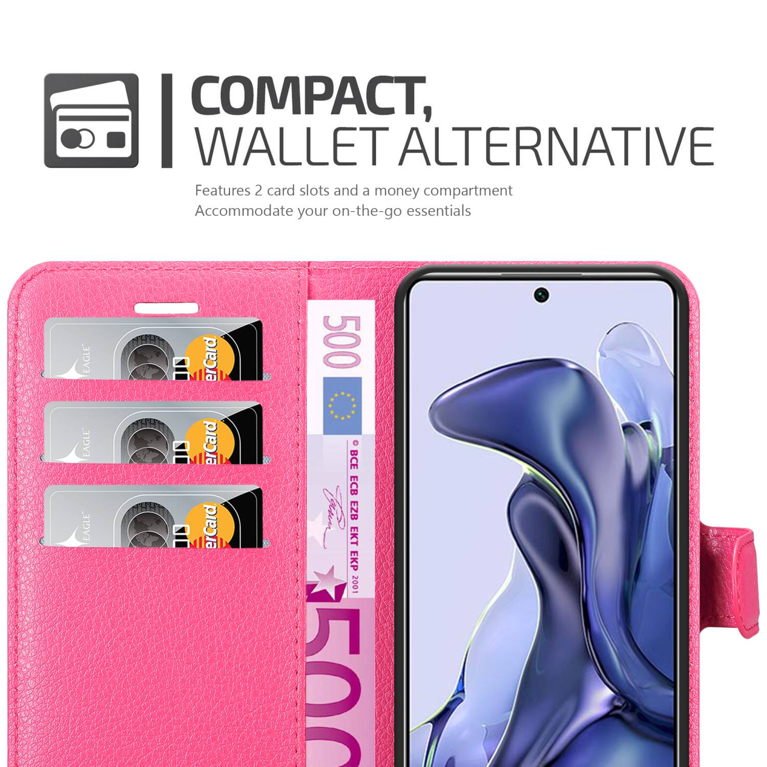 Custodia a portafoglio rosa per telefono con carte e denaro. Sovrapposizione di testo.