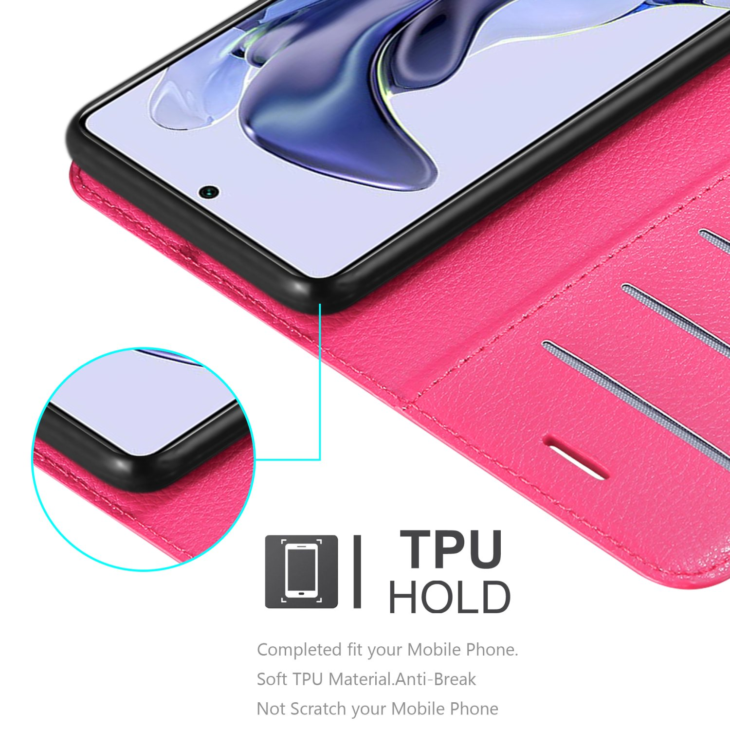 Custodia in pelle rosa per telefono con supporto in TPU. Mostra il telefono all'interno e testo: Supporto TPU.