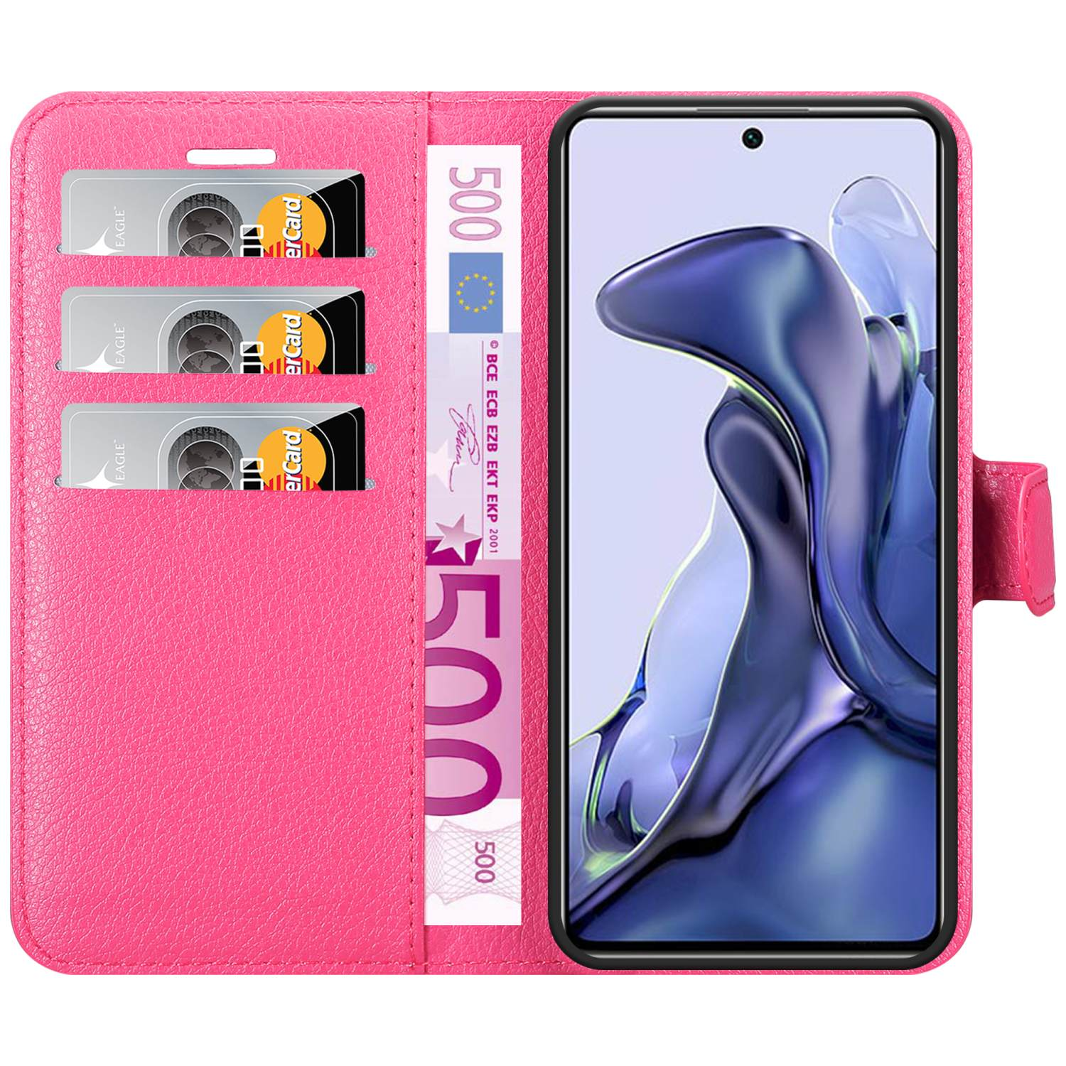 Custodia per telefono rosa, aperta, con carte e denaro visualizzati sullo schermo del telefono.