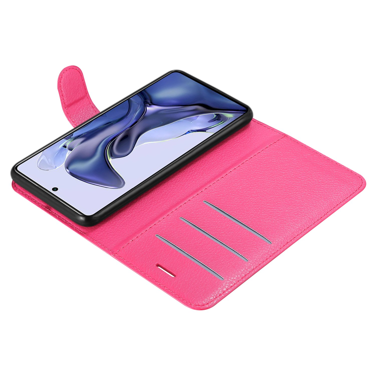 Custodia rosa per telefono aperta, con telefono dentro. Ci sono fessure per le carte. Colore rosa.