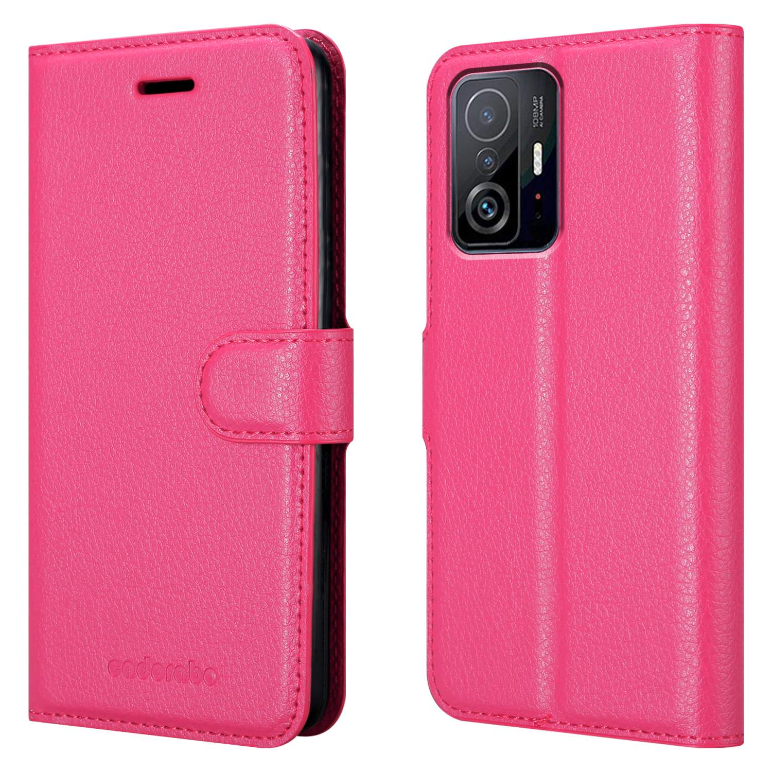 Custodia rosa per telefono, aperta, con un telefono all'interno. La fotocamera del telefono è visibile.