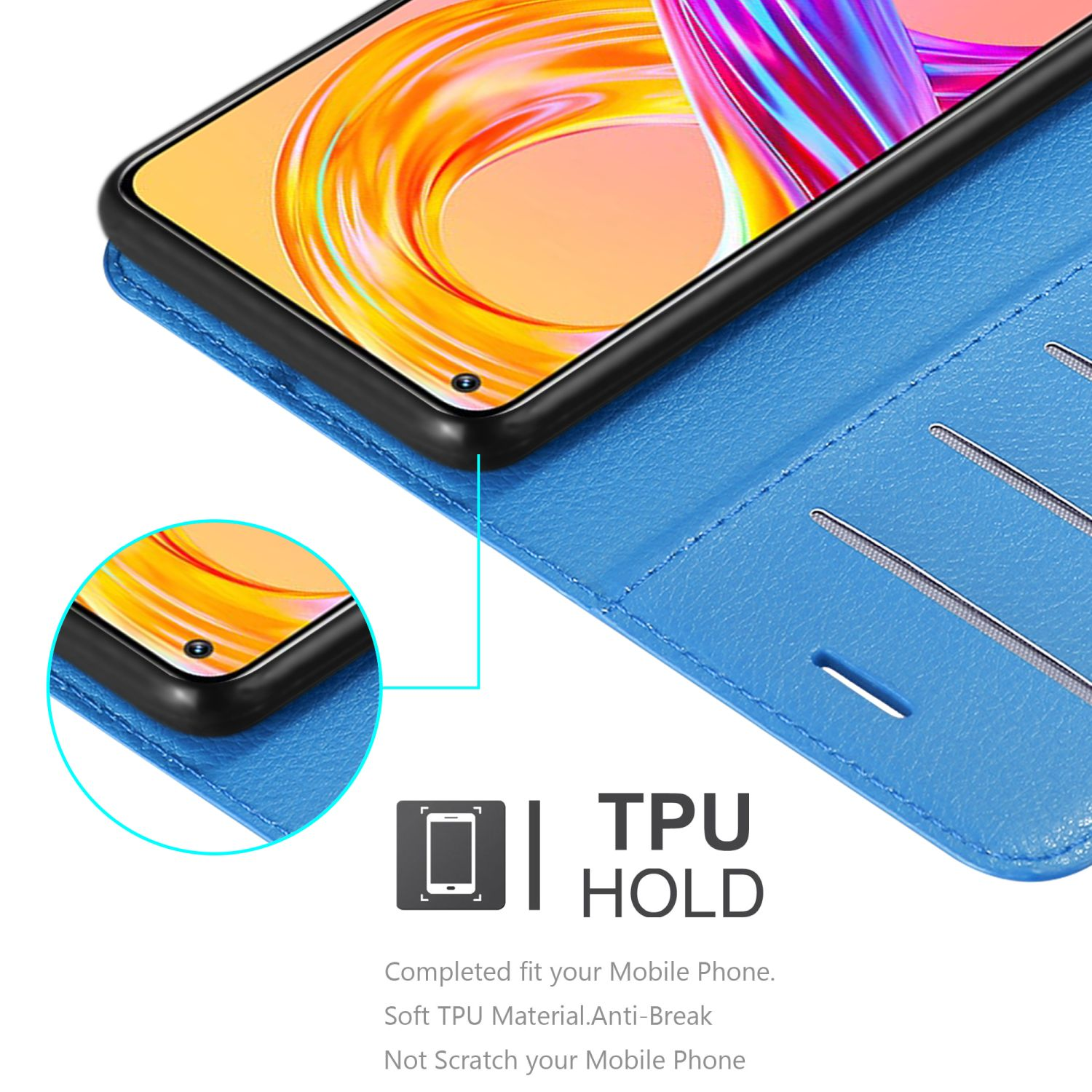 Una custodia per telefono blu aperta, con un telefono all'interno. Il telefono è nero e il bordo è visibile.