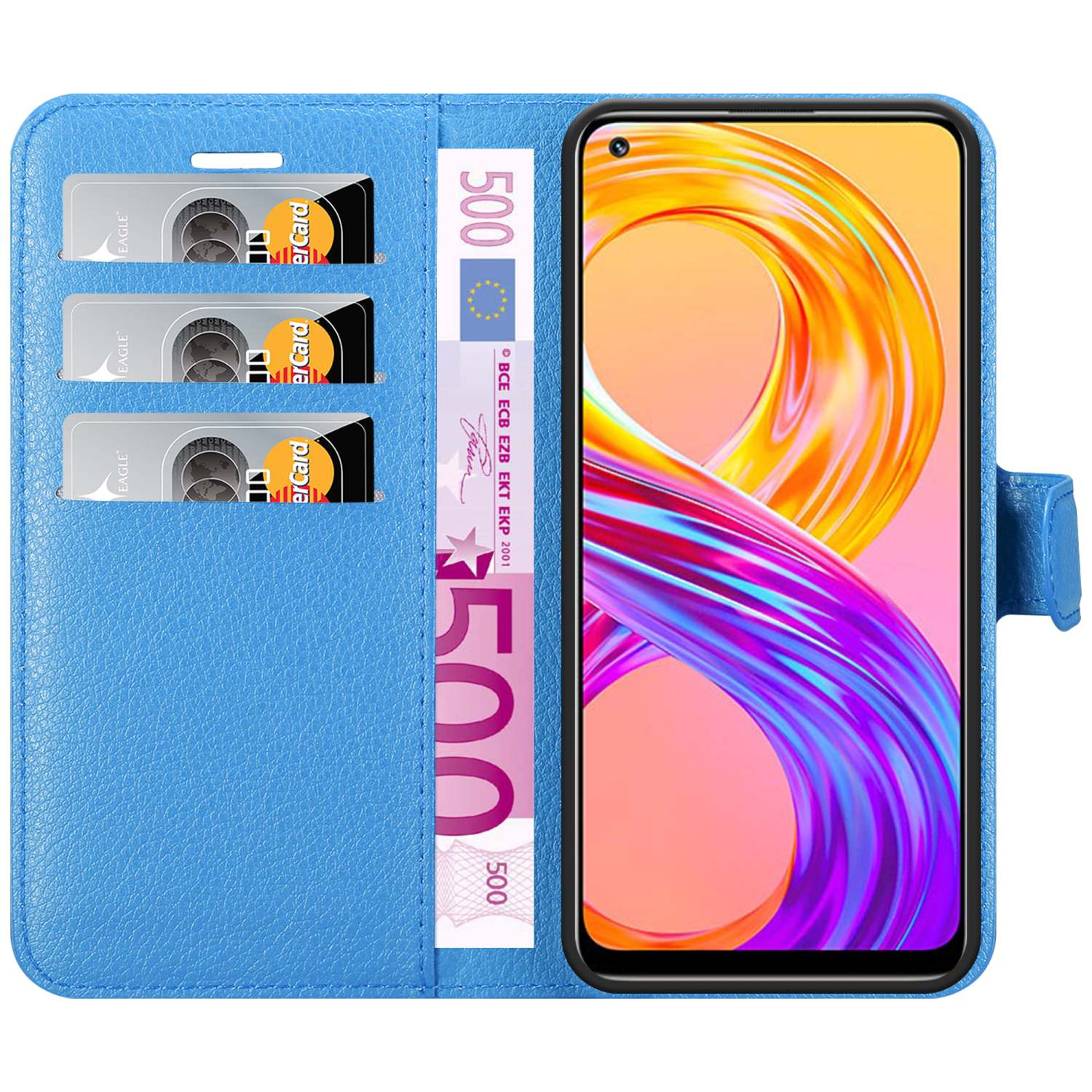 Custodia blu per telefono con slot per carte e scomparto per denaro. Con telefono e denaro.