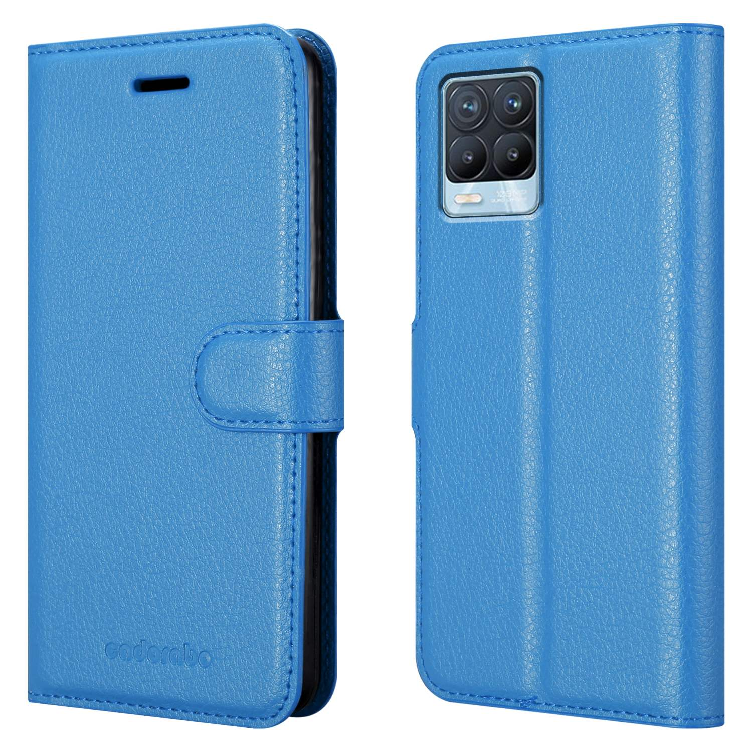 Custodia per telefono blu, aperta, che mostra l'interno e il retro.