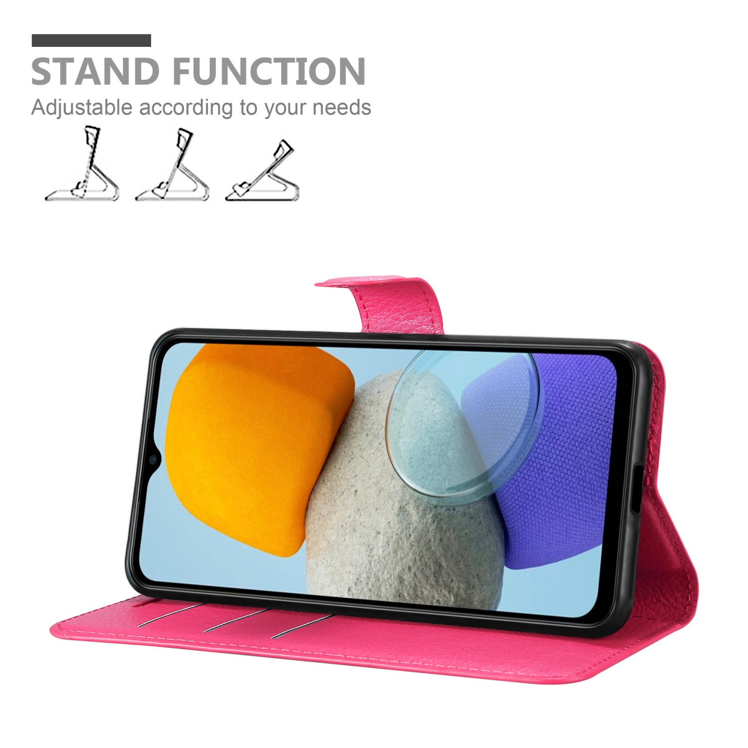 Custodia rosa con telefono mostrato in funzione stand. Ha una funzione stand.