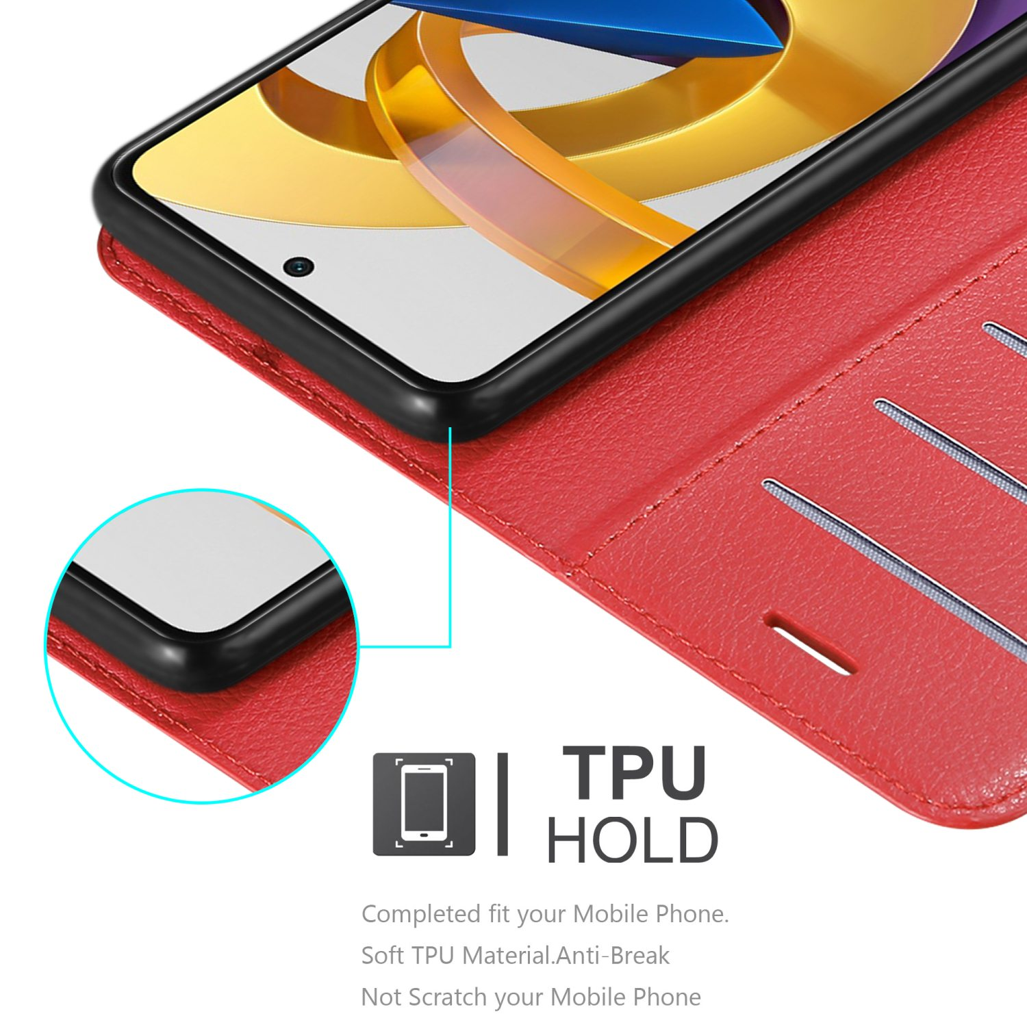 Custodia per telefono rossa con telefono nero all'interno. La custodia ha fessure per carte. Il testo dice TPU HOLD.