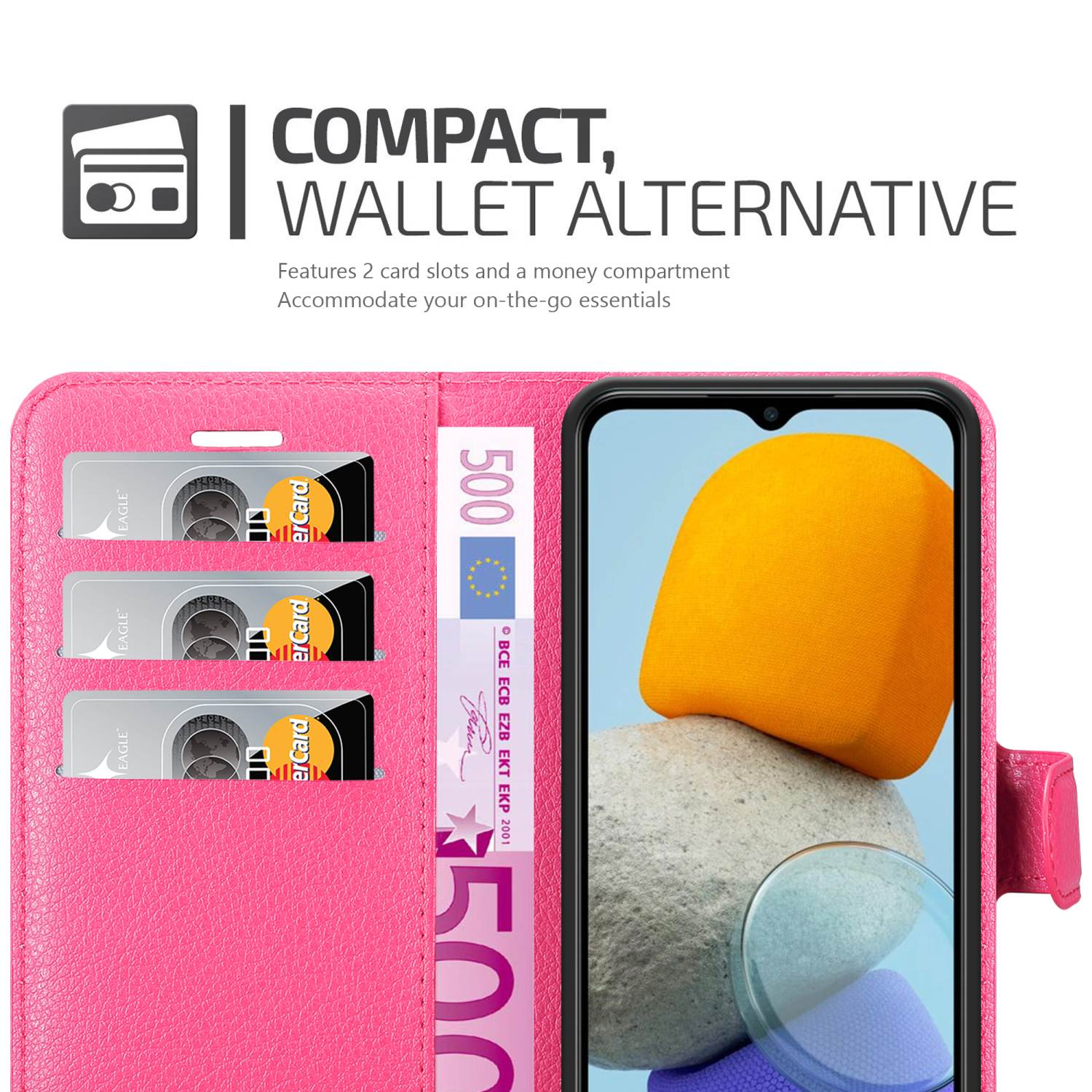 Custodia rosa per telefono con slot per carte e scomparto per soldi. Un telefono è dentro.