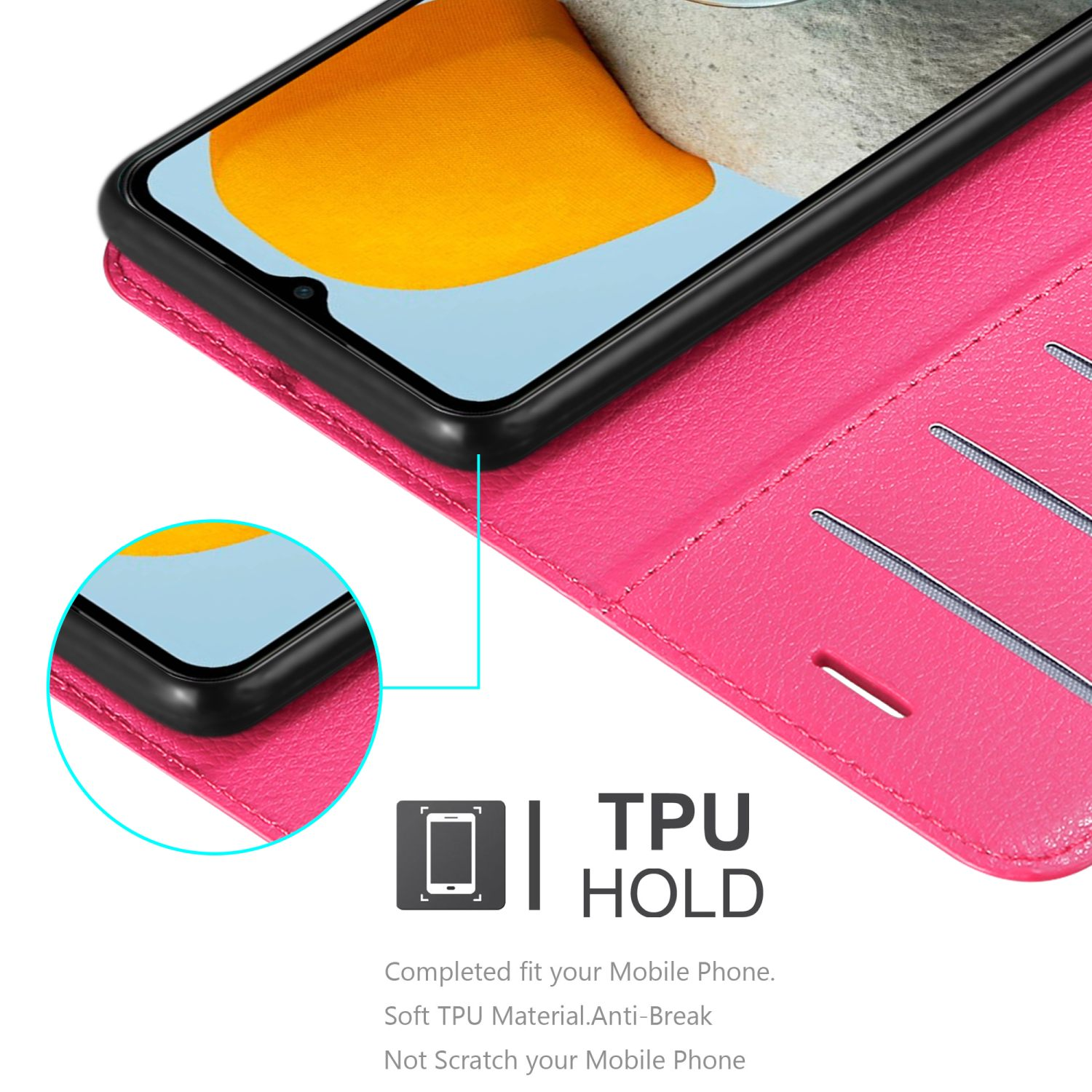 Telefono in una custodia rosa. Custodia aperta, con un primo piano del bordo del telefono e il testo TPU HOLD.