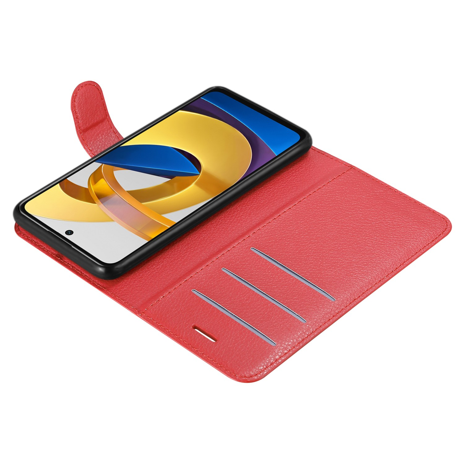 Custodia a portafoglio rossa aperta, che mostra il telefono all'interno. La custodia ha fessure per carte.