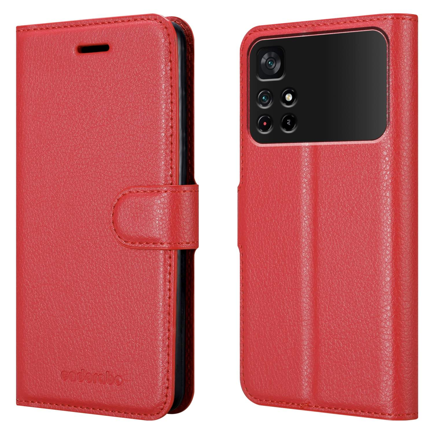 Custodia per telefono rossa, aperta e chiusa. Un telefono è all'interno.
