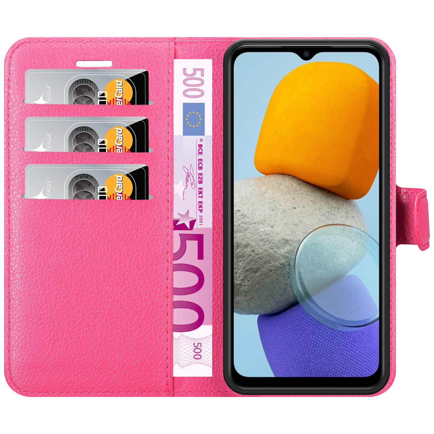 Custodia rosa per telefono con carte e denaro. Il telefono mostra un'immagine astratta colorata.