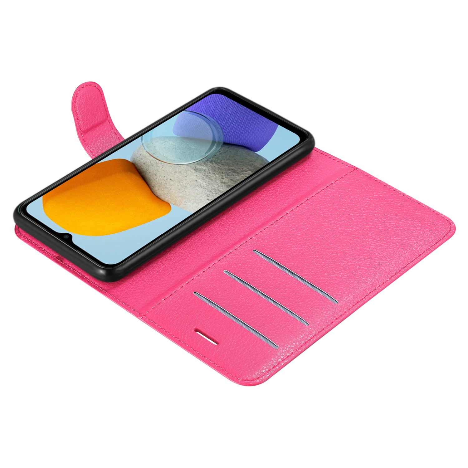 Custodia rosa aperta con telefono dentro. Lo schermo mostra un design colorato.