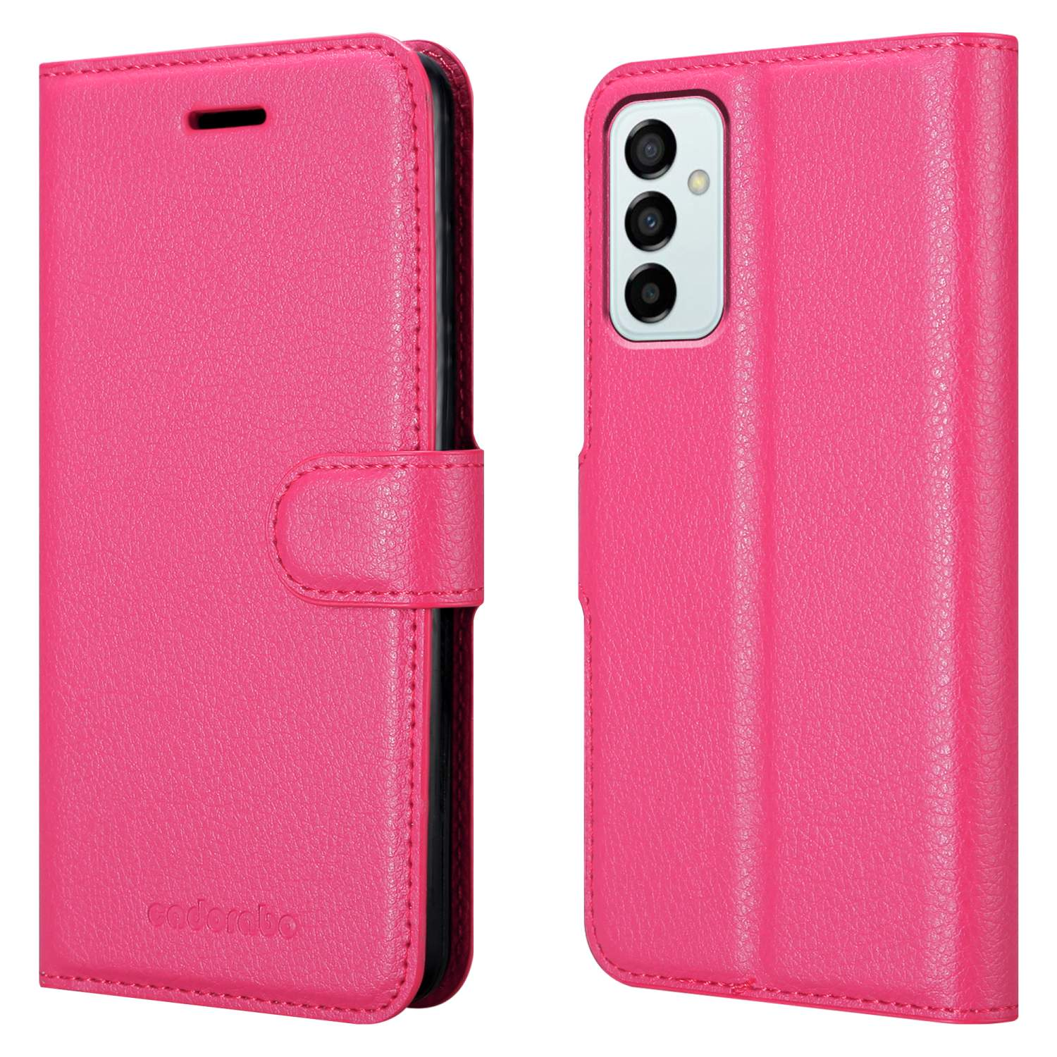 Custodia rosa per telefono, chiusa. La custodia ha una chiusura magnetica e il nome del marchio.