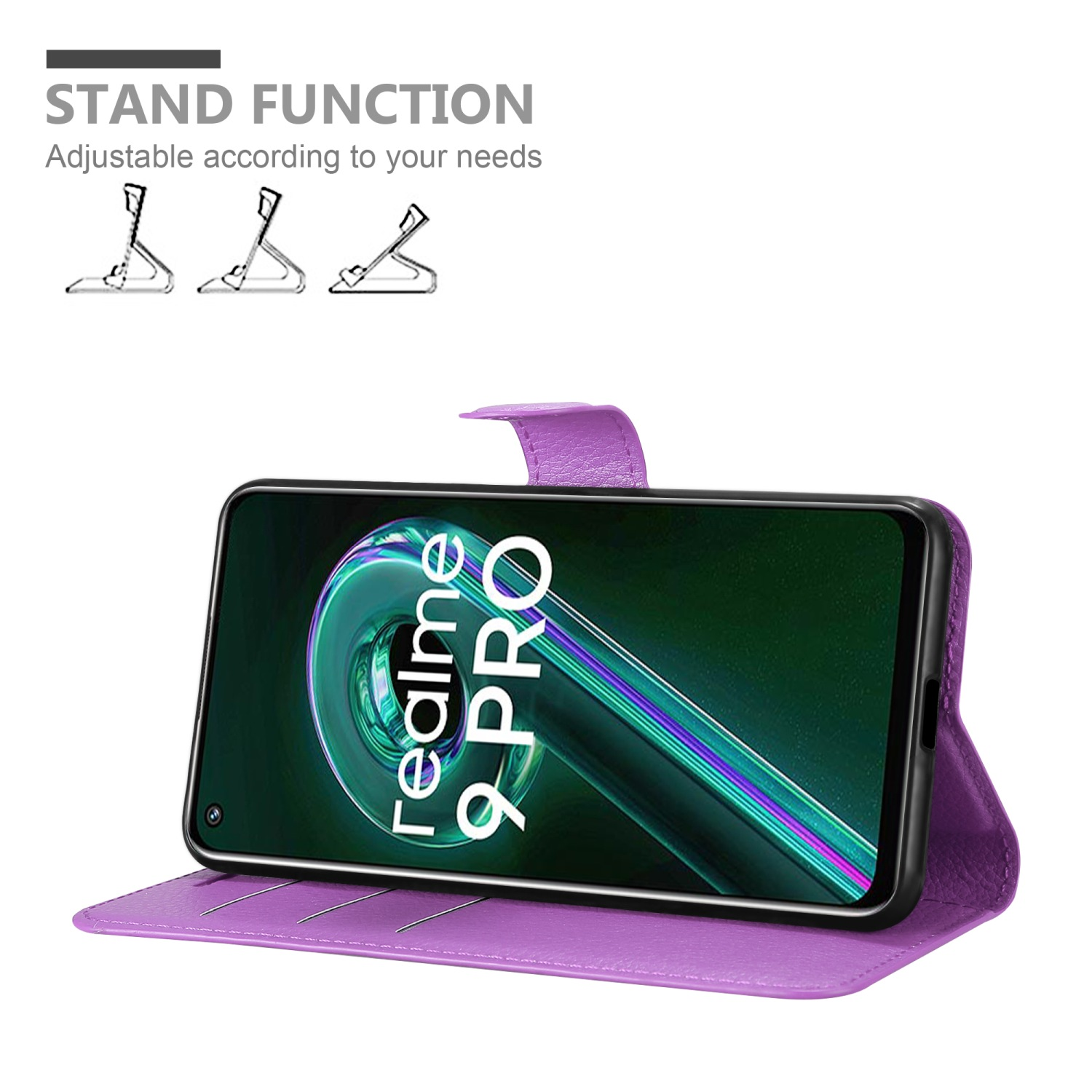 Custodia per telefono viola con un telefono all'interno, aperta. Funzione supporto. Il telefono mostra il testo realme 9 PRO.