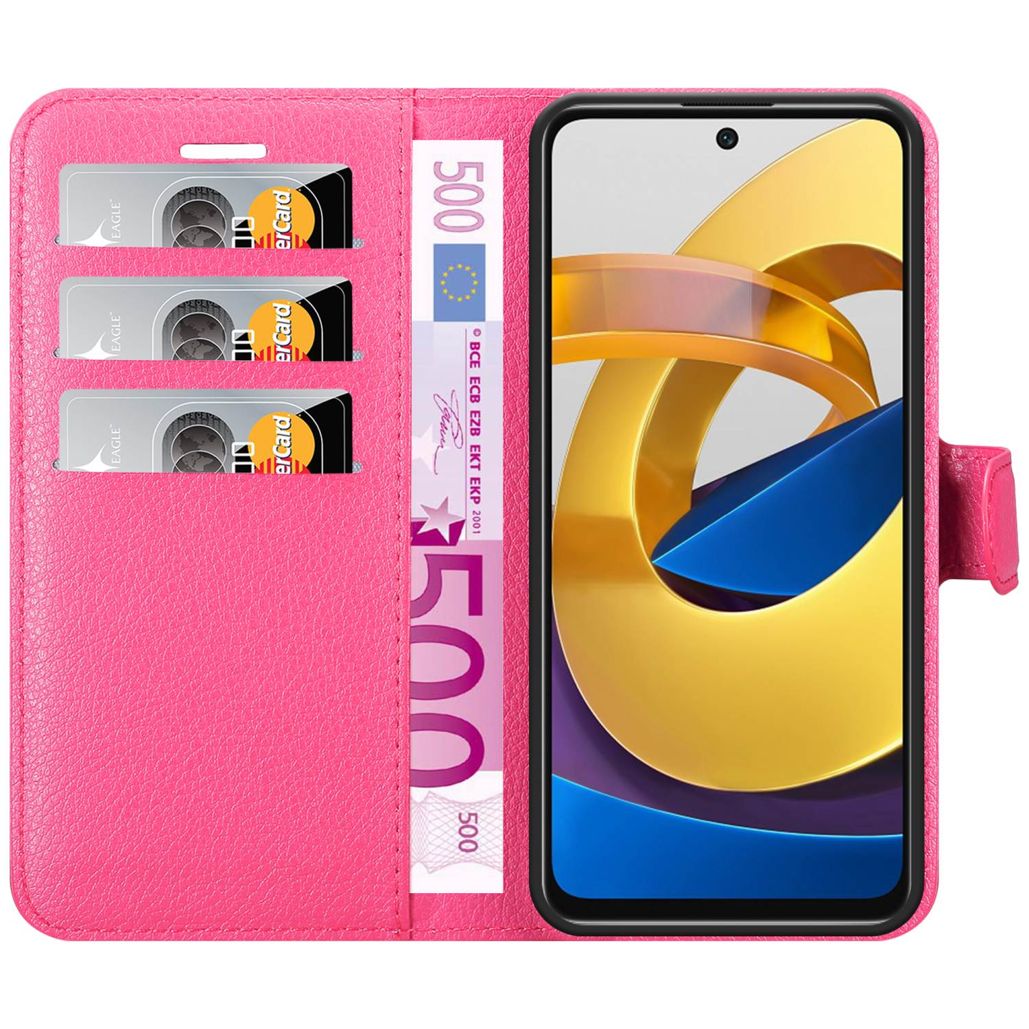 Custodia rosa, aperta, con carte e contanti. Mano che tiene un telefono. Testo: COMPACT WALLET ALTERNATIVE.