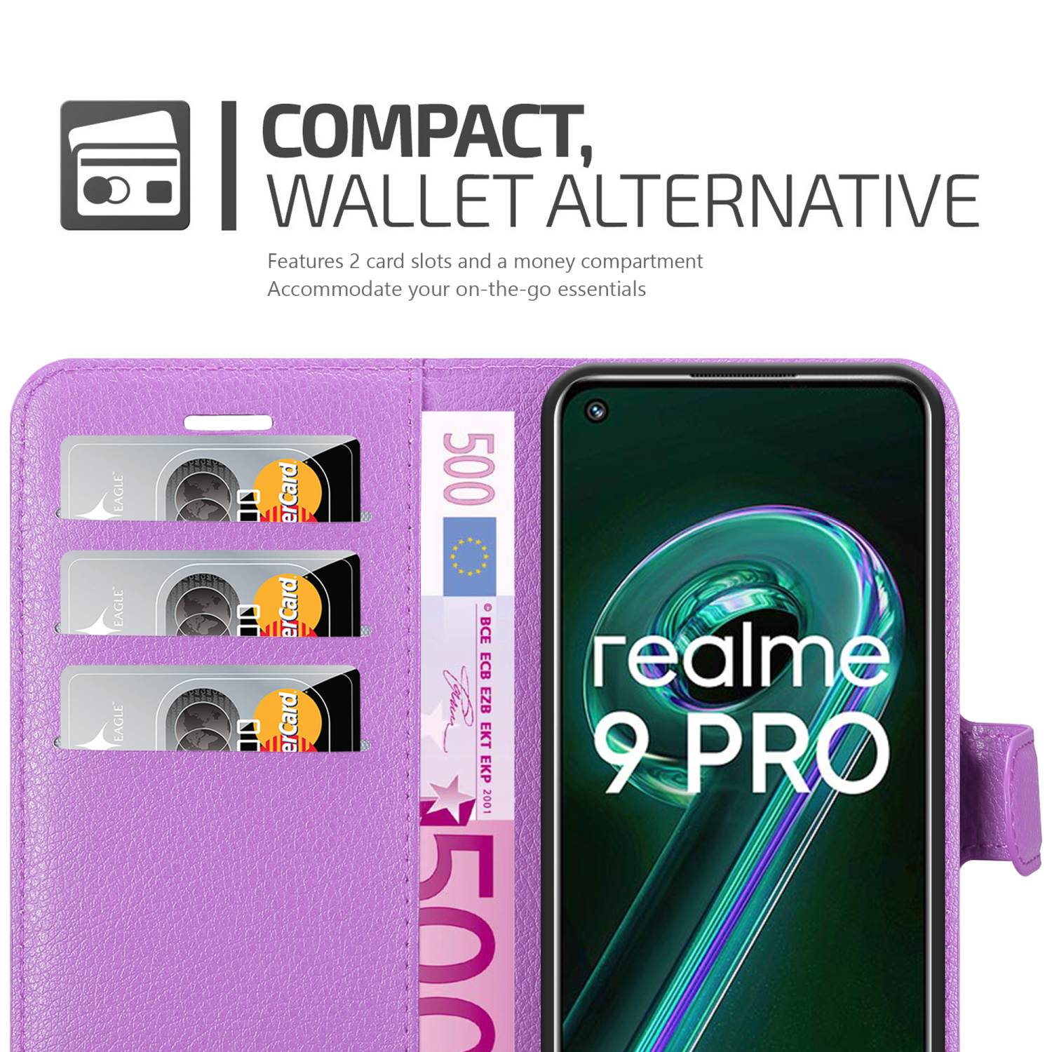 Custodia viola con slot per carte e scomparto per soldi. Design alternativo a portafoglio.