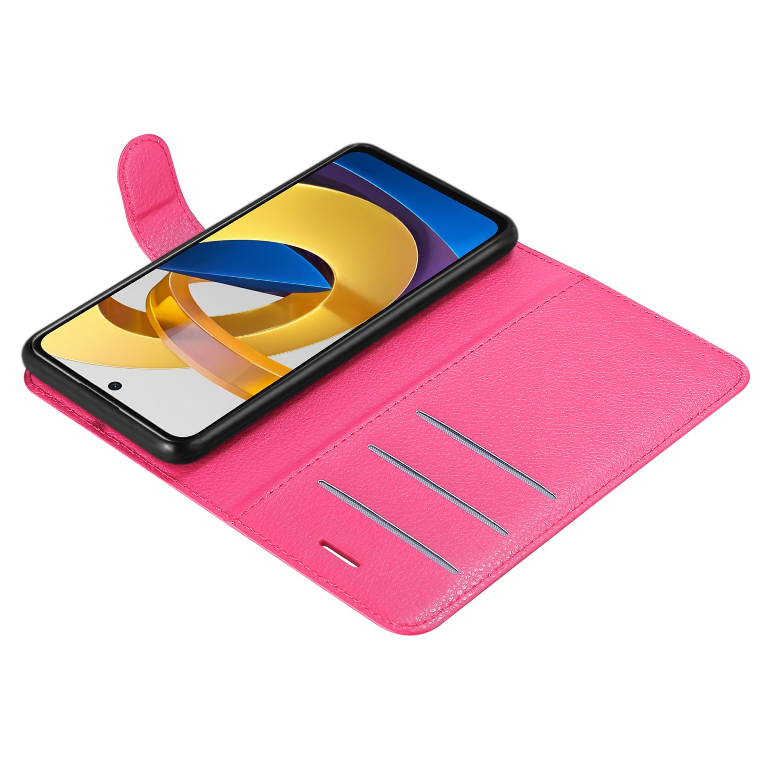 Custodia per telefono rosa con telefono, aperta su un tavolo. Testo: Funzione supporto.