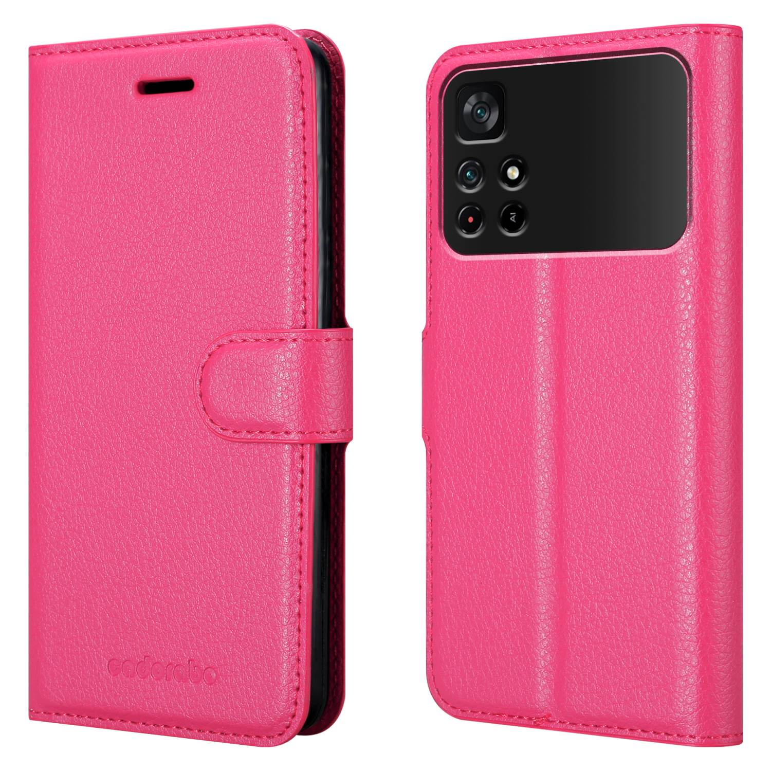 Custodia rosa per telefono, chiusa e aperta. Chiusa mostra un bottone, aperta mostra il retro di un telefono.