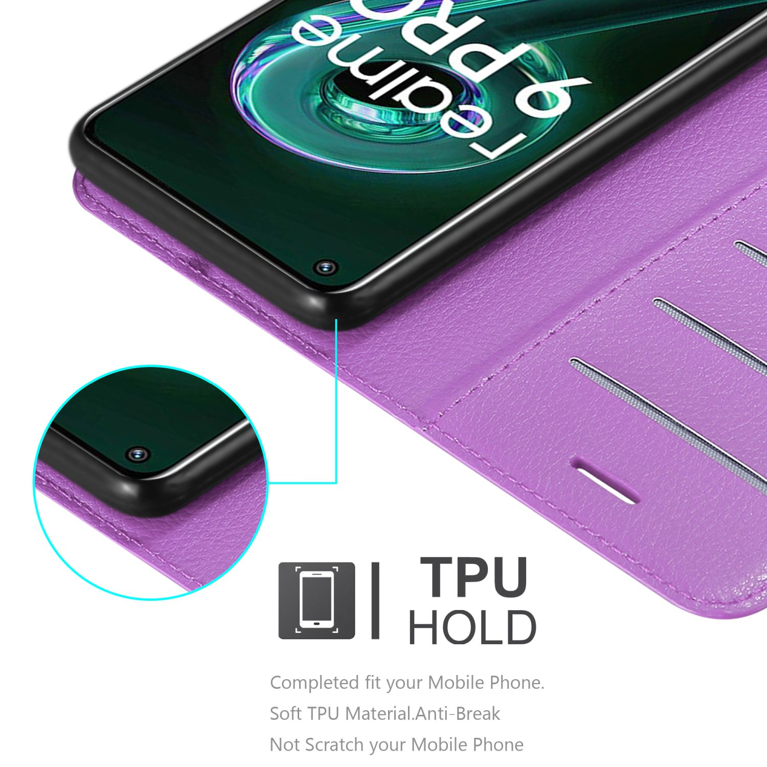 Una custodia per telefono viola con il telefono all'interno. Il testo 'TPU HOLD' è visibile sulla custodia.