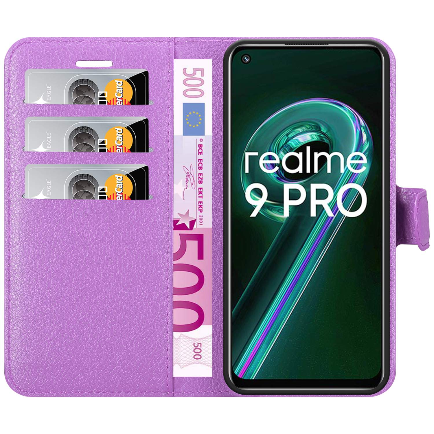 Custodia per telefono viola con carte e contanti. Telefono Realme 9 PRO all'interno. Colore viola.
