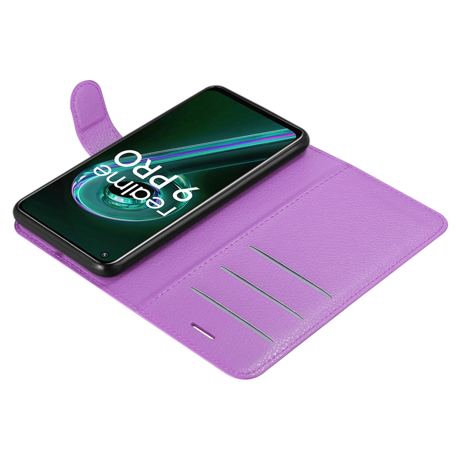 Custodia viola, aperta con telefono dentro. Il telefono mostra il logo Realme 9 Pro. Tre slot per carte.
